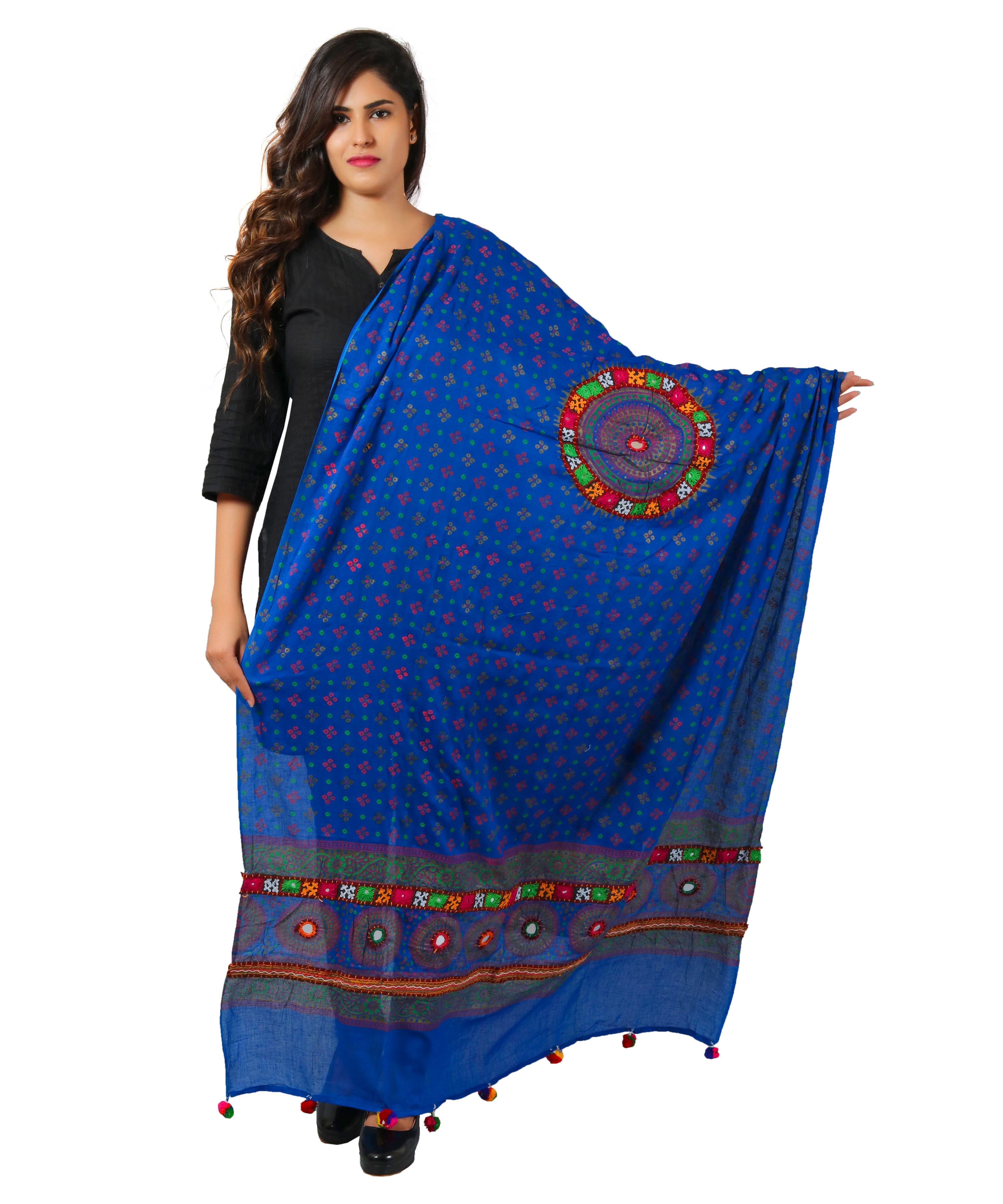 Pure Cotton Real Mirrorwork & Hand Embroidery Dupatta (Kutchi Chakkar) Blue - CKR12