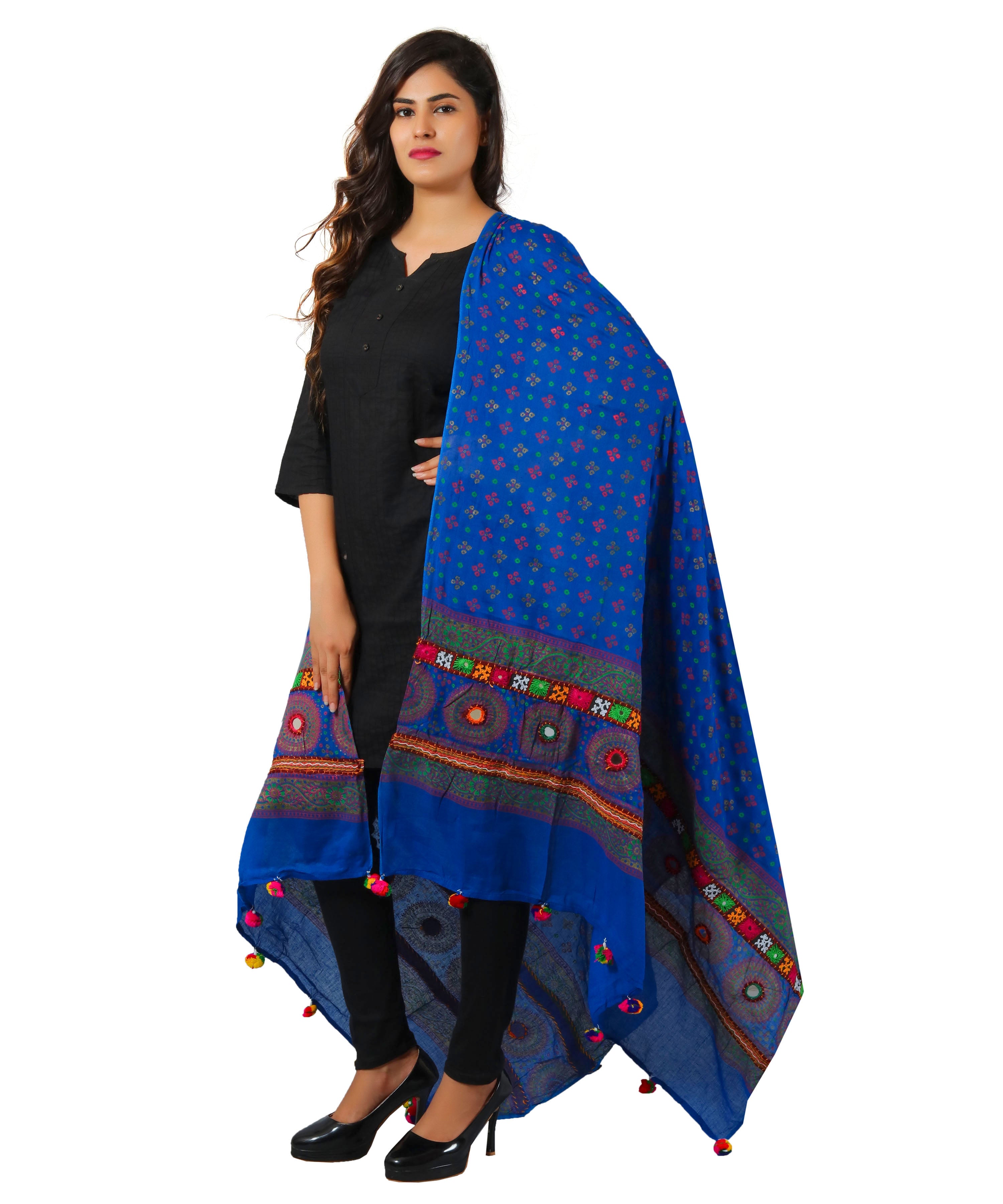 Pure Cotton Real Mirrorwork & Hand Embroidery Dupatta (Kutchi Chakkar) Blue - CKR12
