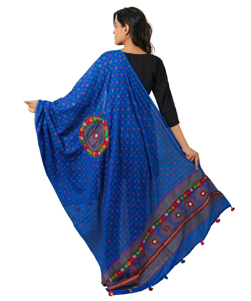 Pure Cotton Real Mirrorwork & Hand Embroidery Dupatta (Kutchi Chakkar) Blue - CKR12
