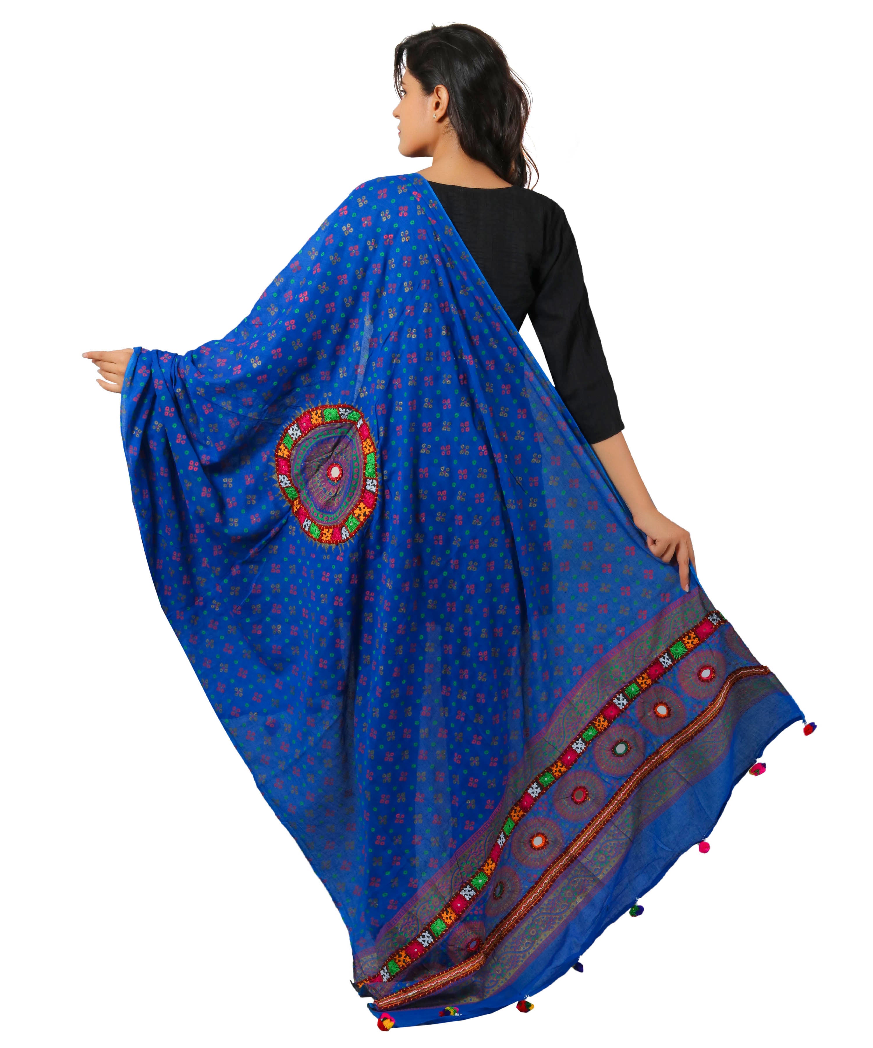 Pure Cotton Real Mirrorwork & Hand Embroidery Dupatta (Kutchi Chakkar) Blue - CKR12