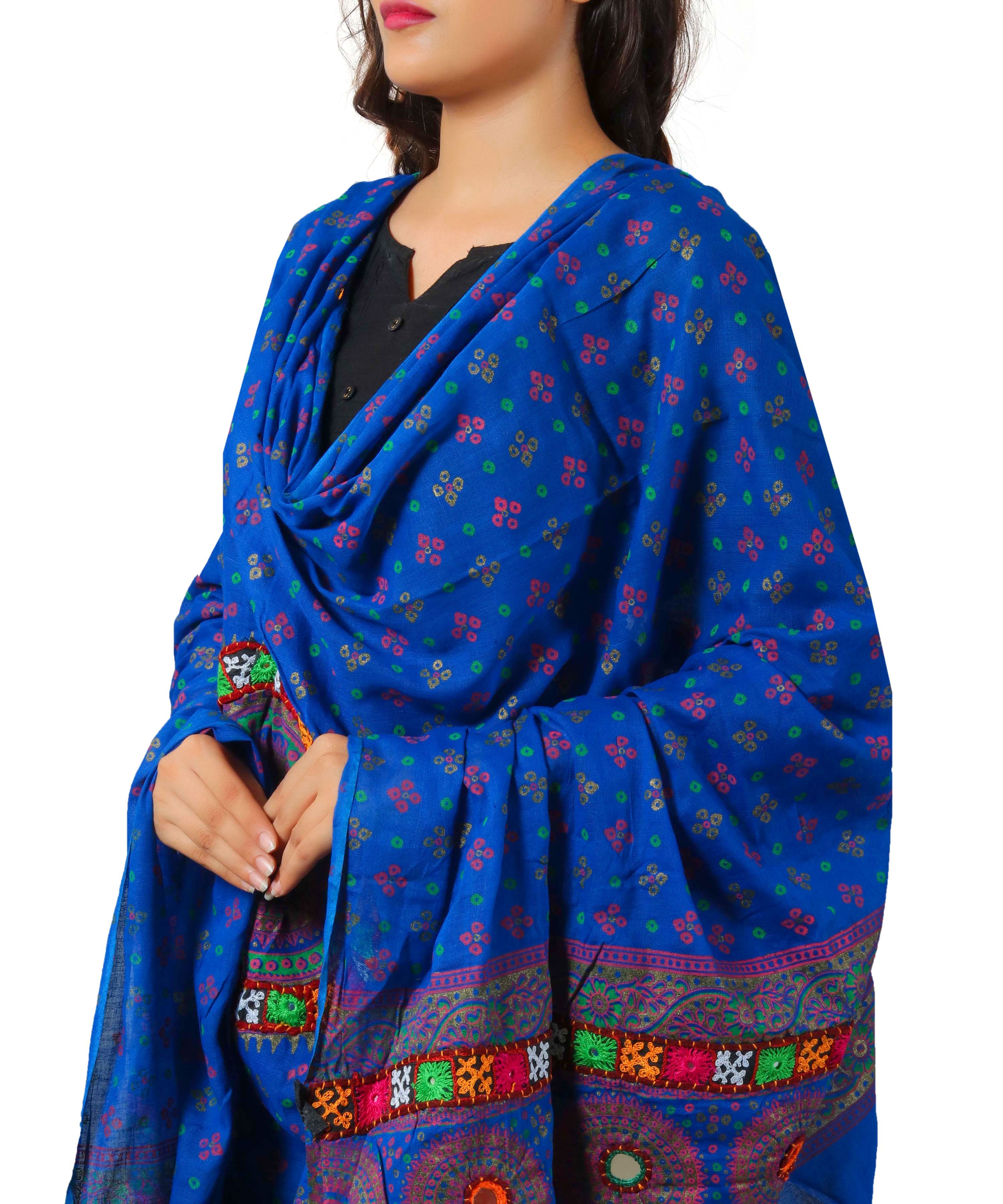 Pure Cotton Real Mirrorwork & Hand Embroidery Dupatta (Kutchi Chakkar) Blue - CKR12
