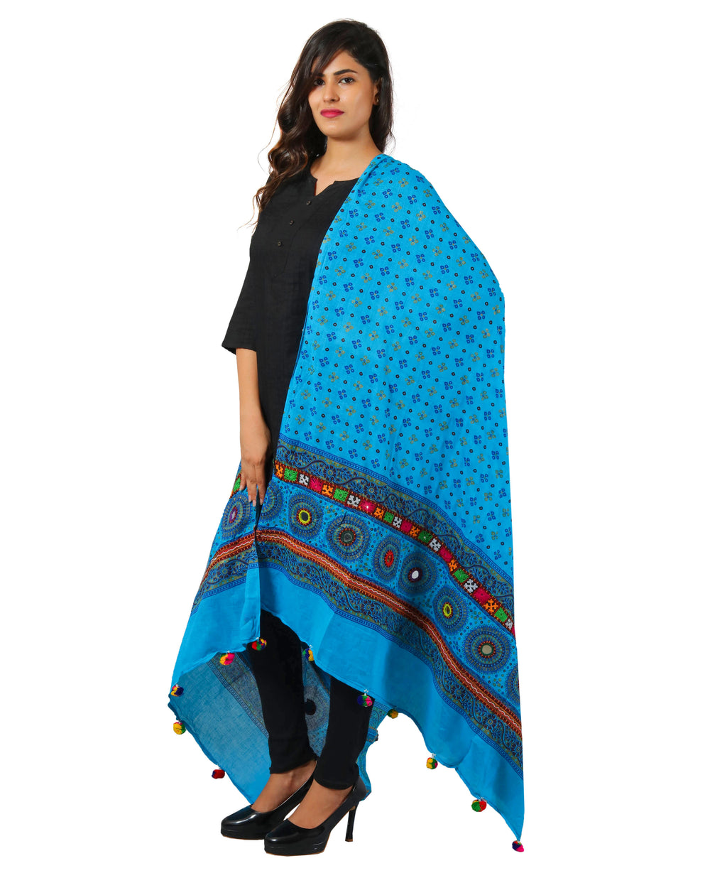 Pure Cotton Real Mirrorwork & Hand Embroidery Dupatta (Kutchi Chakkar) Turquoise - CKR13