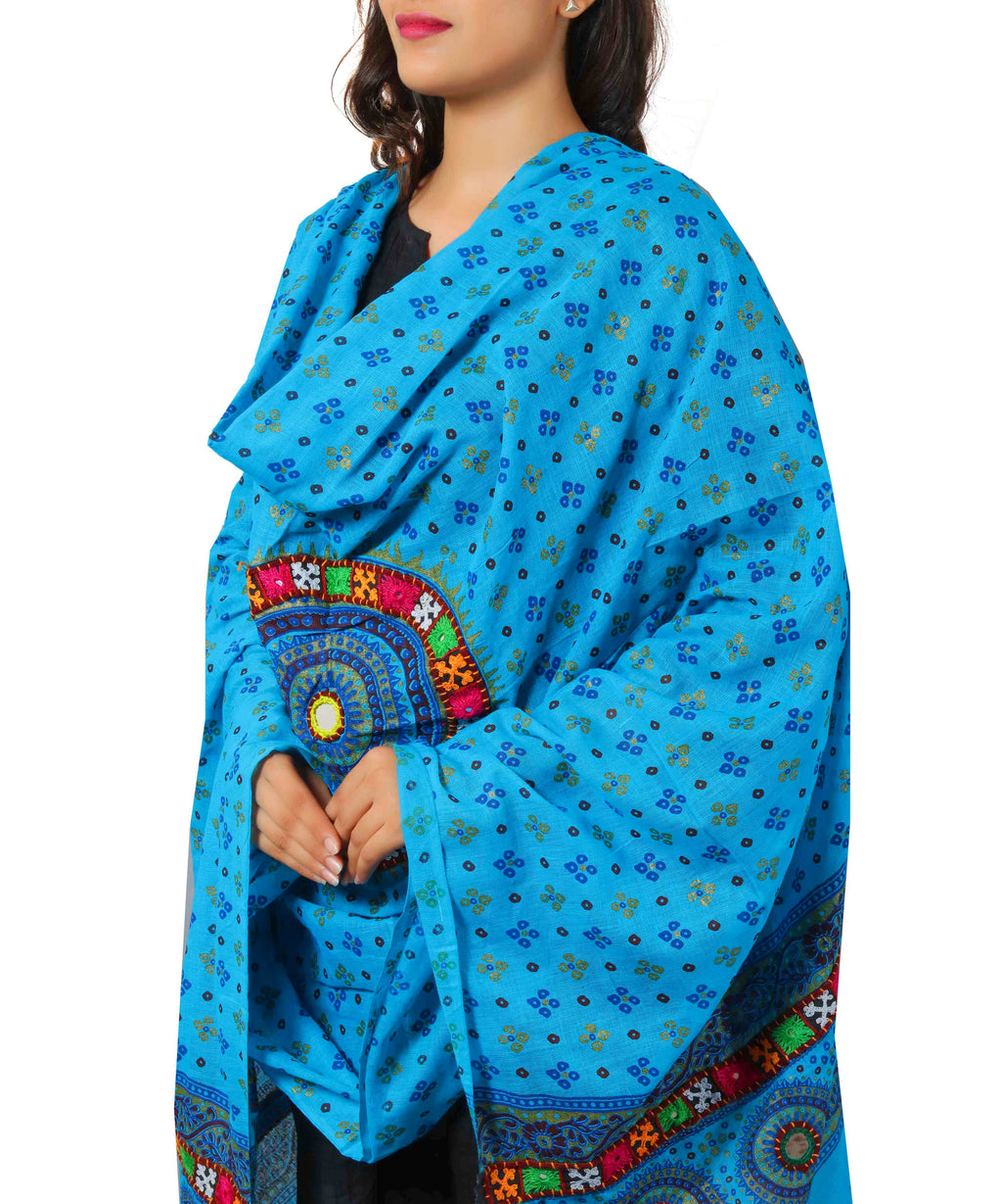 Pure Cotton Real Mirrorwork & Hand Embroidery Dupatta (Kutchi Chakkar) Turquoise - CKR13