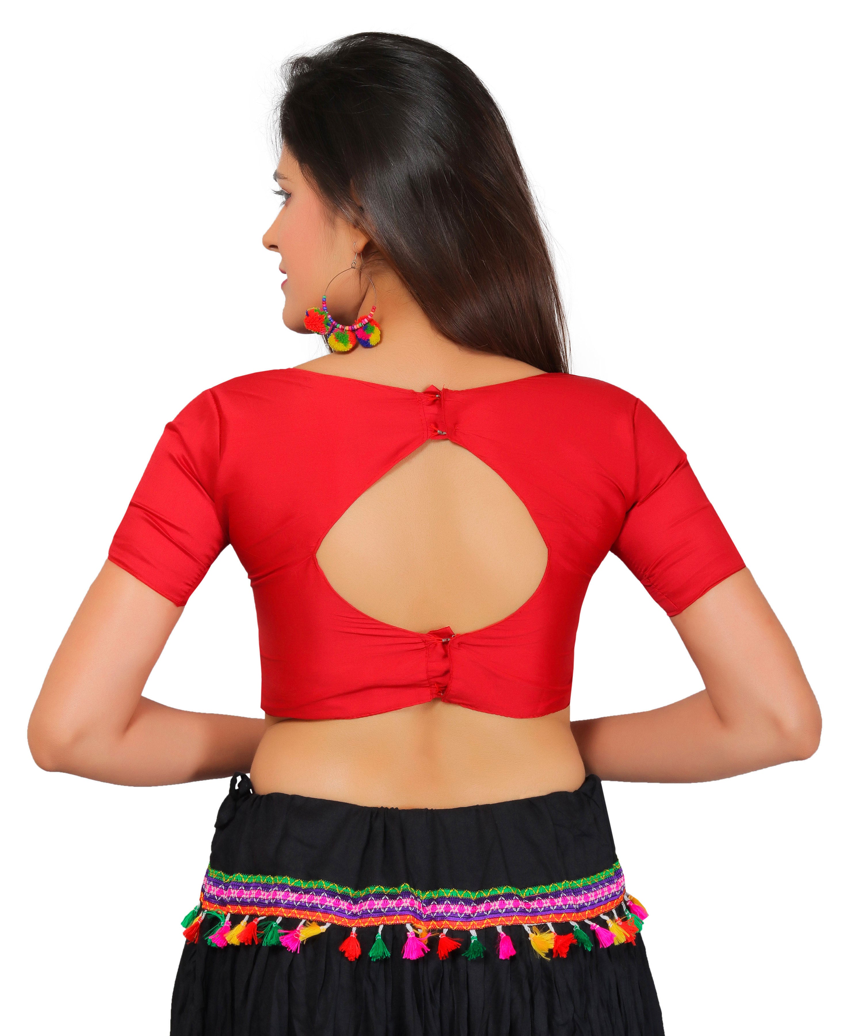 Dupion Silk Half Sleeves Kutchi Blouse-Red