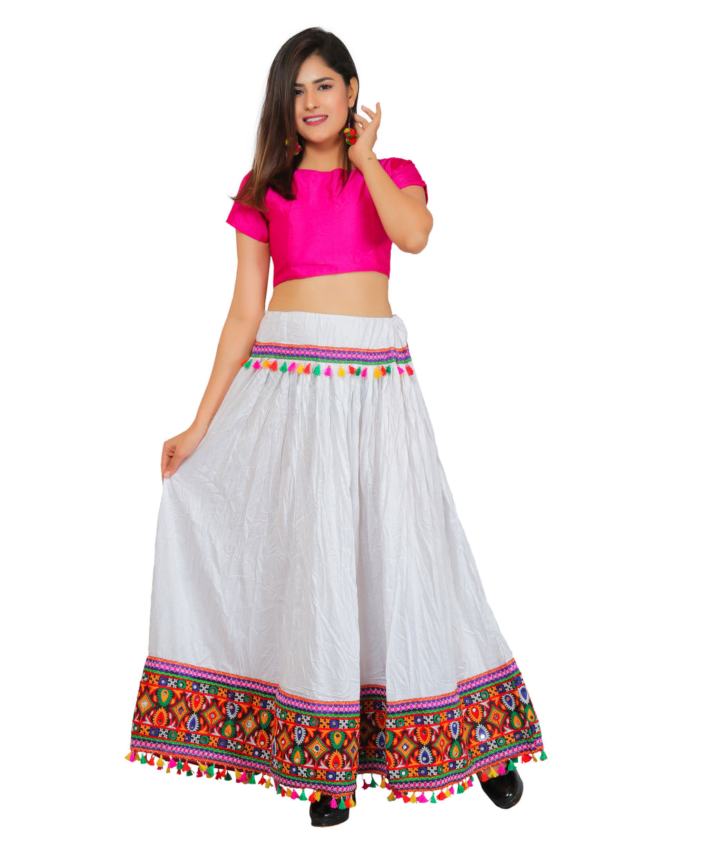 White Kutchi Embroidered Border Rayon Skirt/Chaniya by Banjara India