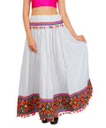 White Kutchi Embroidered Border Rayon Skirt/Chaniya by Banjara India