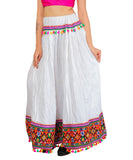White Kutchi Embroidered Border Rayon Skirt/Chaniya by Banjara India