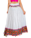 White Kutchi Embroidered Border Rayon Skirt/Chaniya by Banjara India
