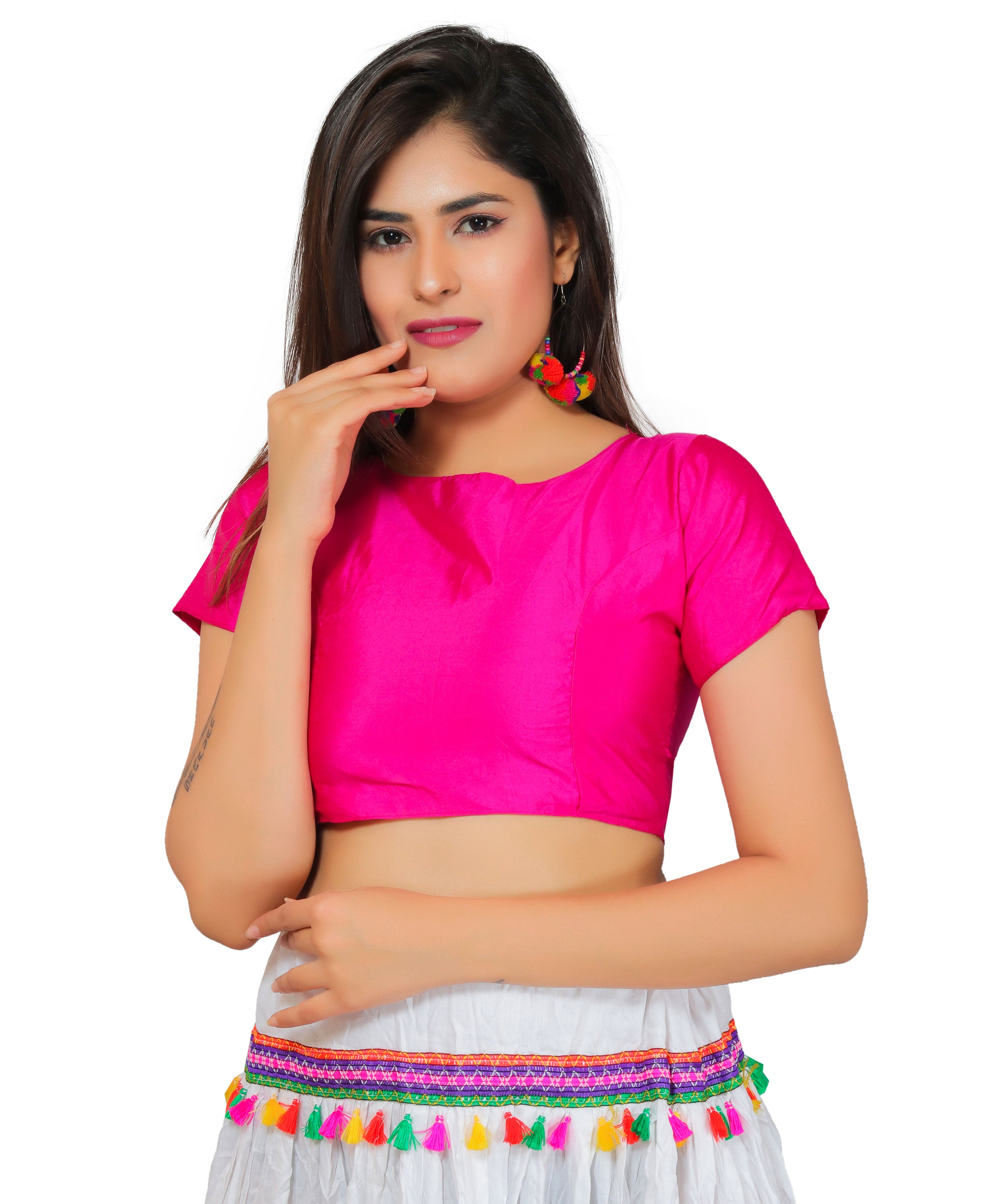Dupion Silk Half Sleeves Kutchi Blouse-Pink