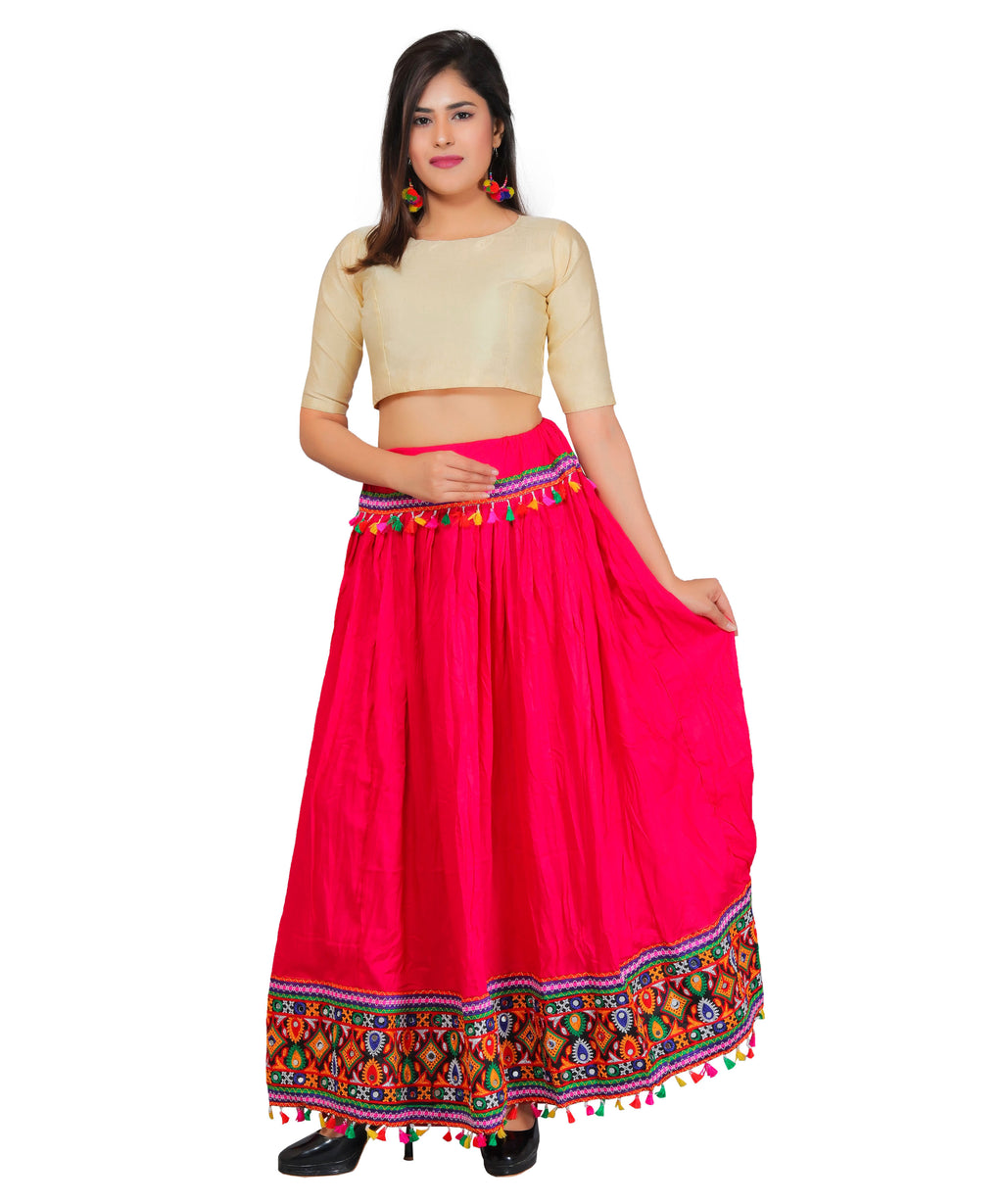 Pink Kutchi Embroidered Border Rayon Skirt/Chaniya by Banjara India