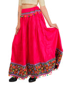 Pink Kutchi Embroidered Border Rayon Skirt/Chaniya by Banjara India