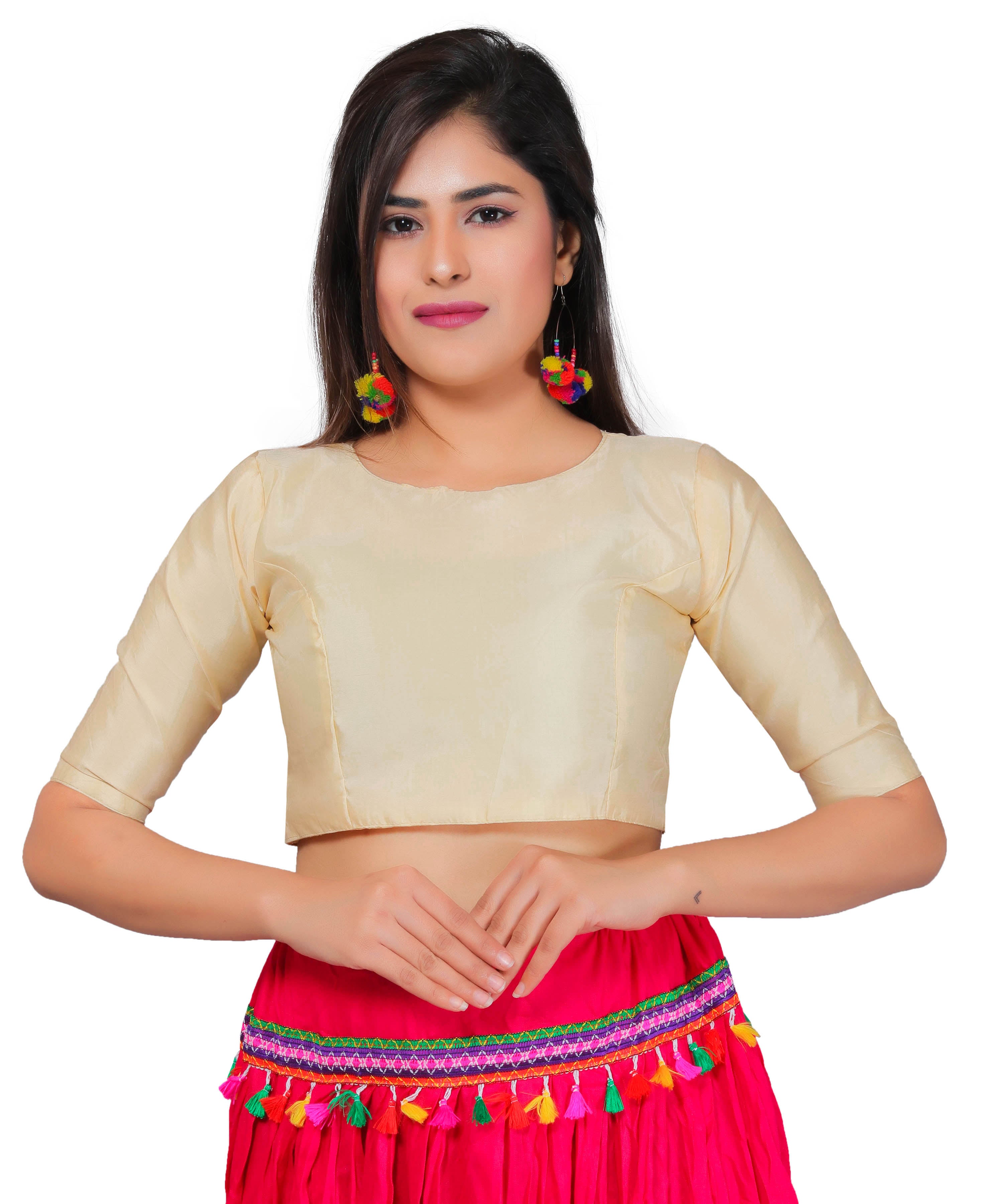 Dupion Silk Half Sleeves Kutchi Blouse-Beige