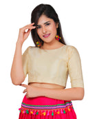 Dupion Silk Half Sleeves Kutchi Blouse-Beige