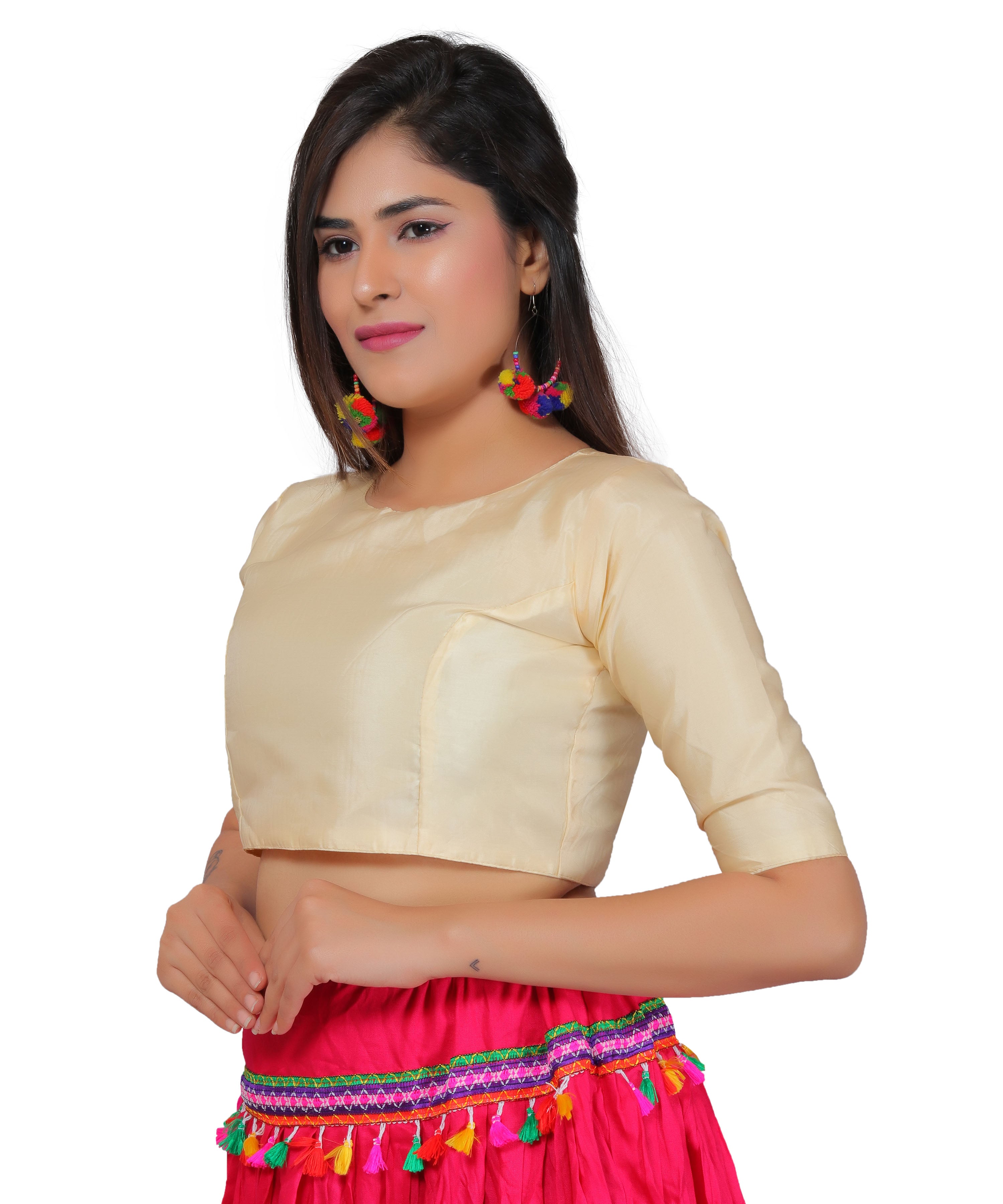 Dupion Silk Half Sleeves Kutchi Blouse-Beige