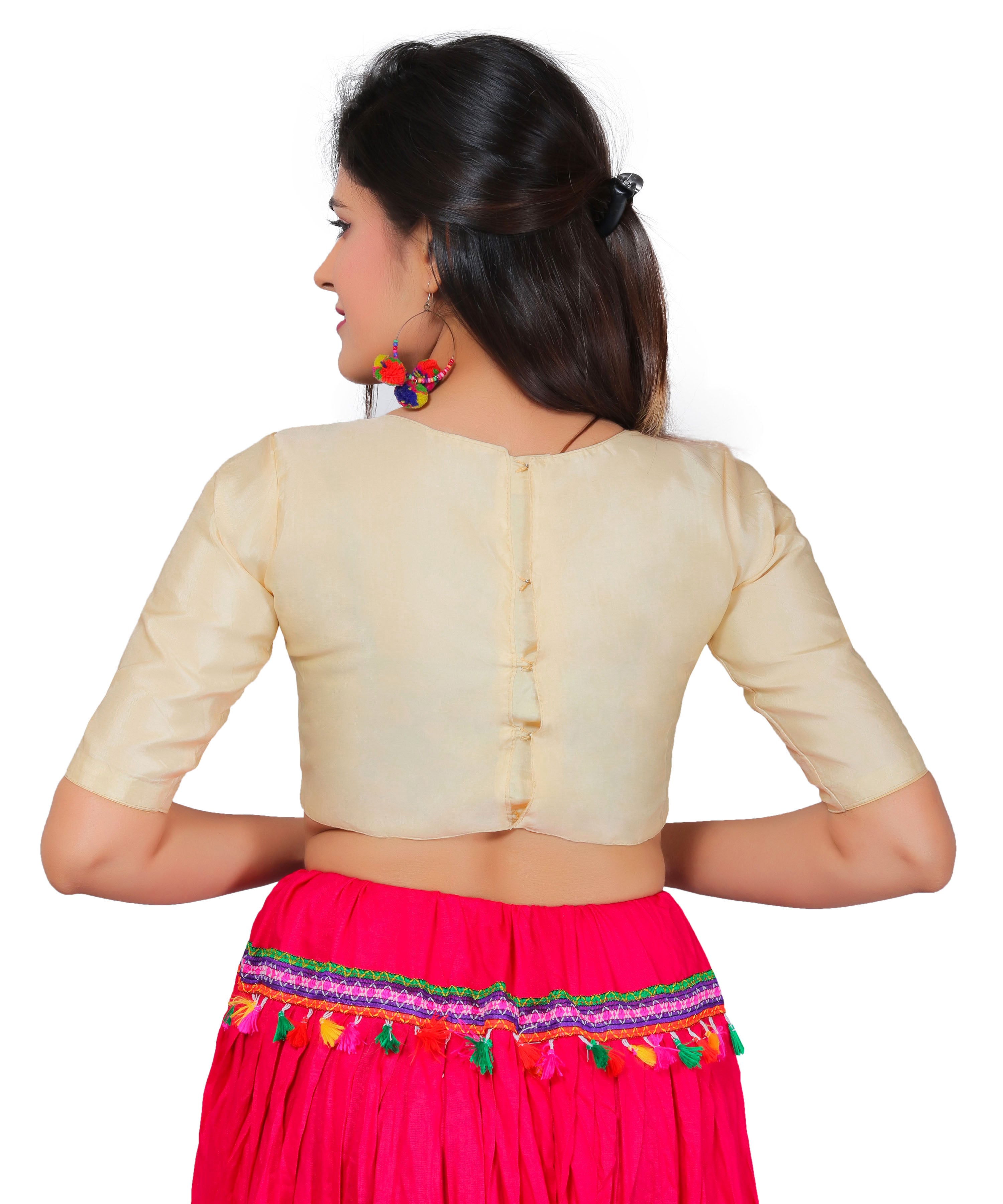 Dupion Silk Half Sleeves Kutchi Blouse-Beige