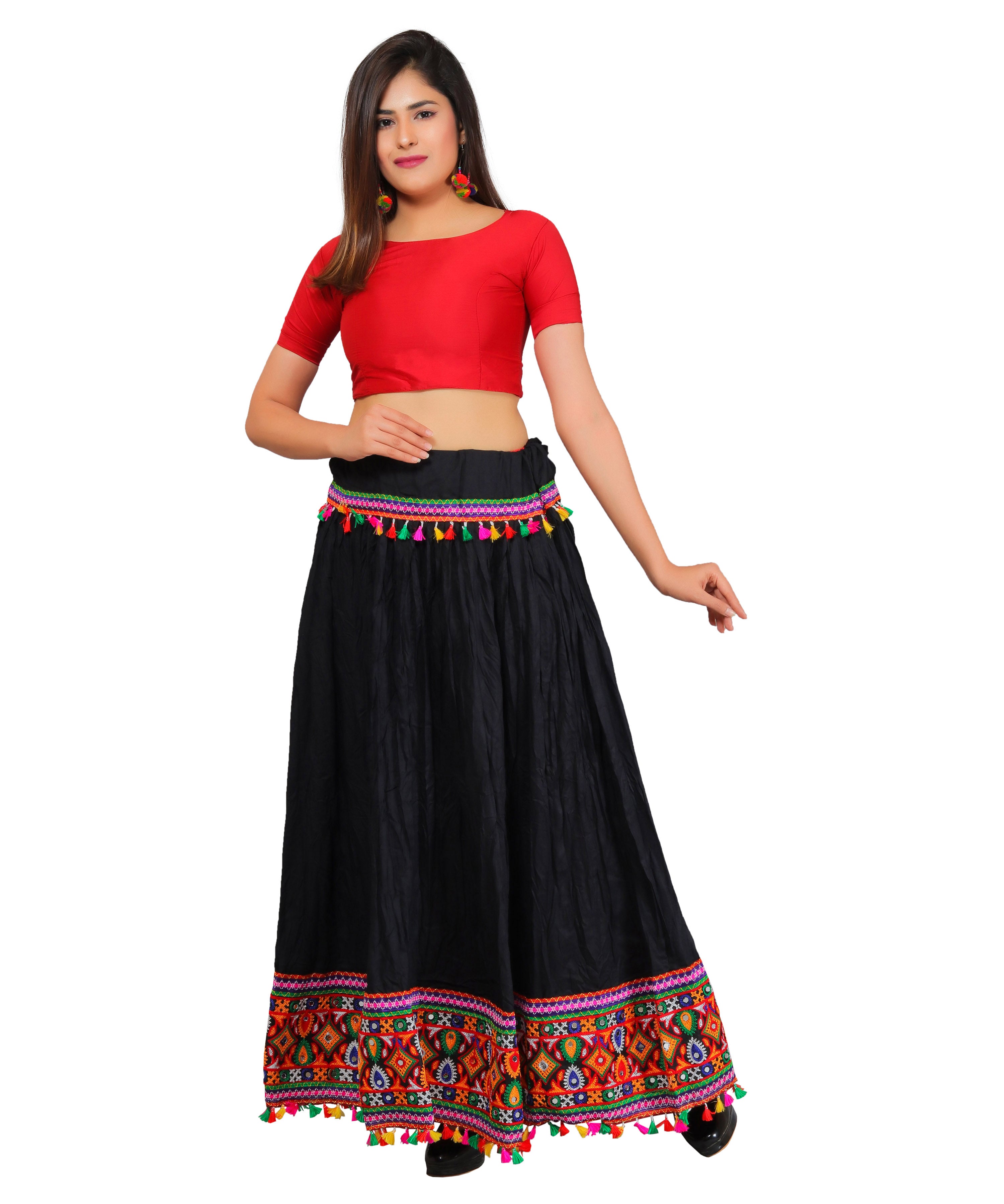 Black Kutchi Embroidered Border Rayon Skirt/Chaniya by Banjara India