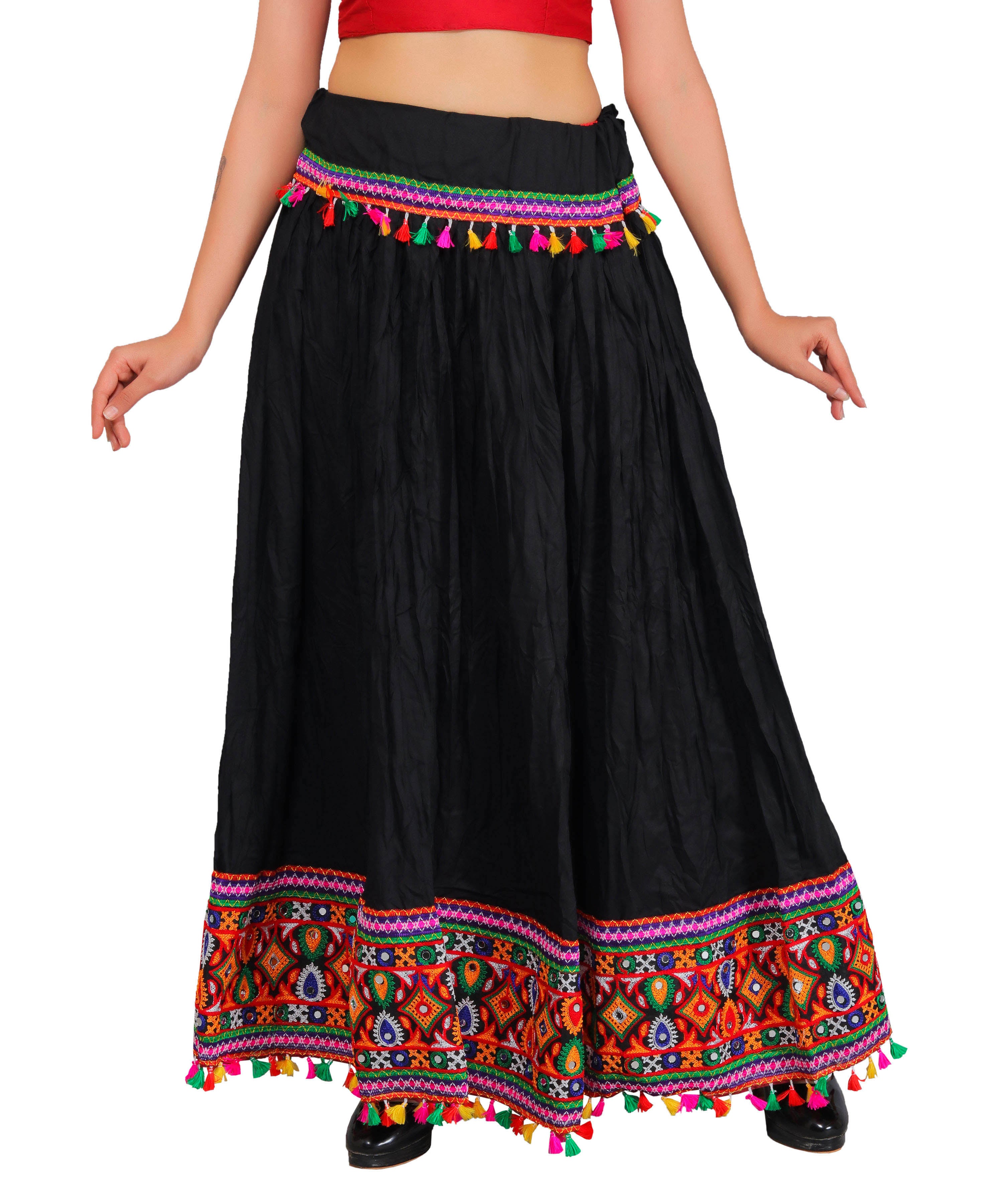 Black Kutchi Embroidered Border Rayon Skirt/Chaniya by Banjara India
