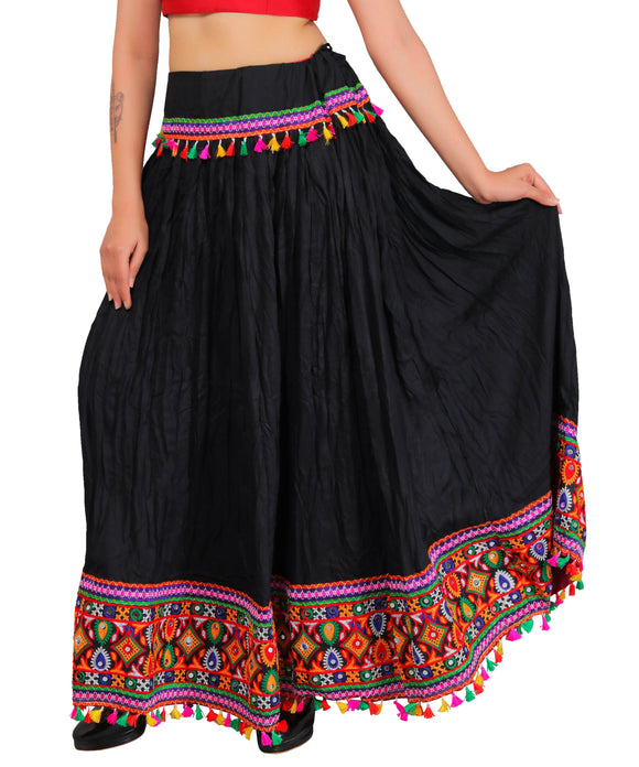Black Kutchi Embroidered Border Rayon Skirt/Chaniya by Banjara India