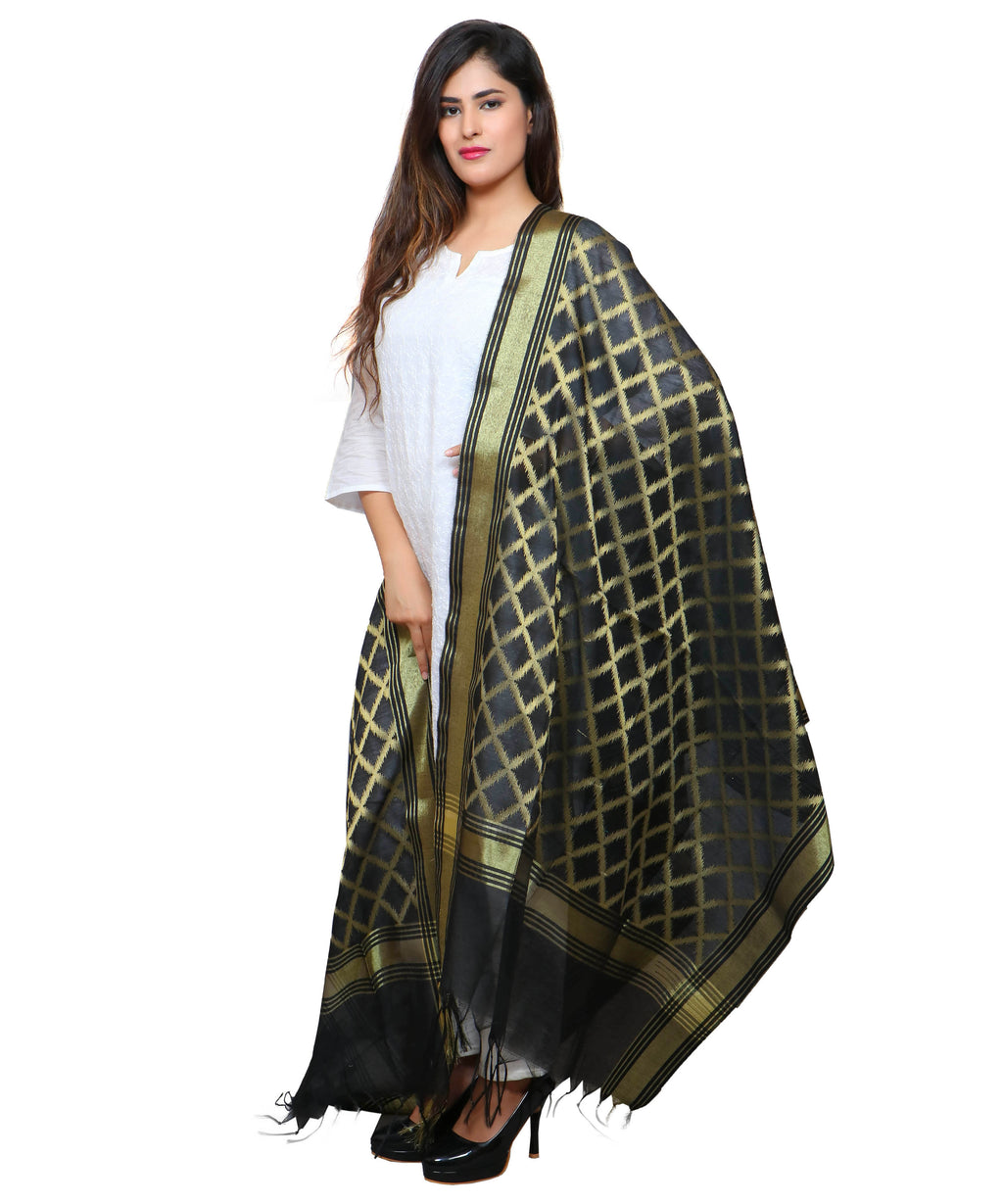Banarasi Kora Silk Cross Butti Dupatta- Black