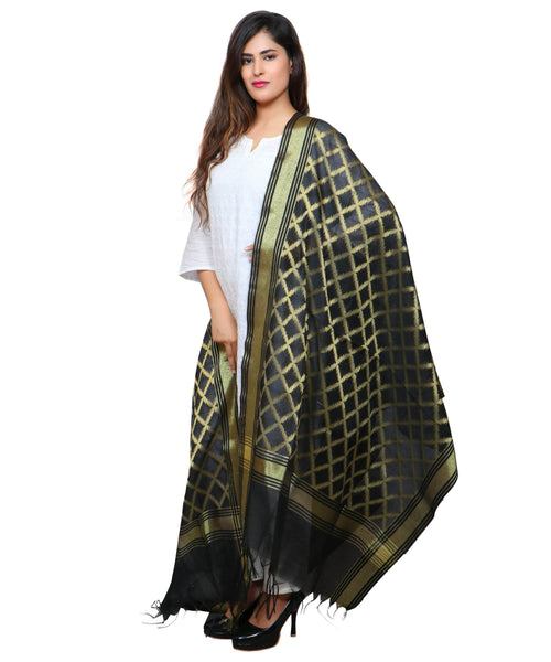Banarasi Kora Silk Cross Butti Dupatta- Black