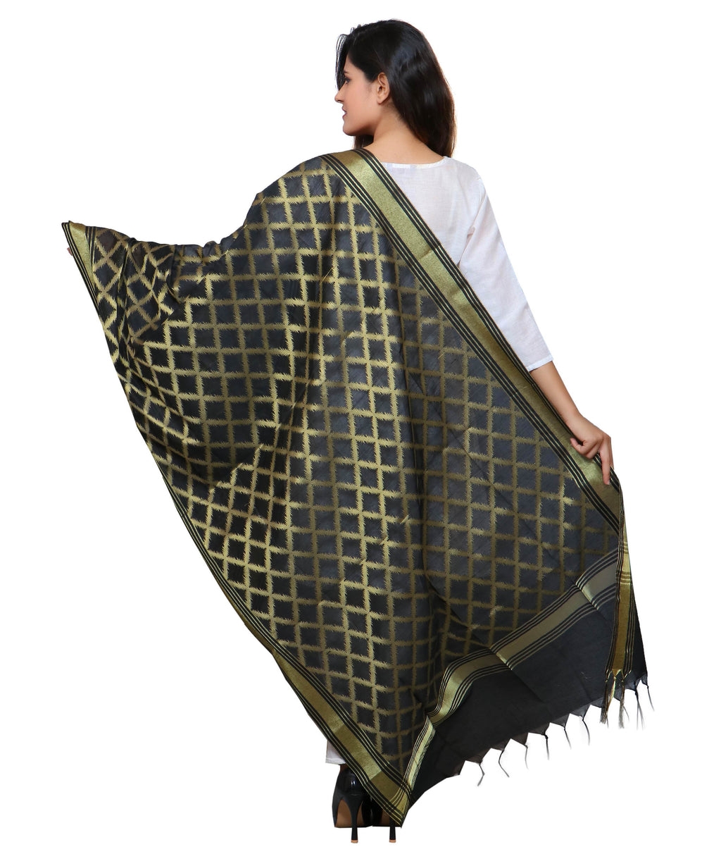 Banarasi Kora Silk Cross Butti Dupatta- Black