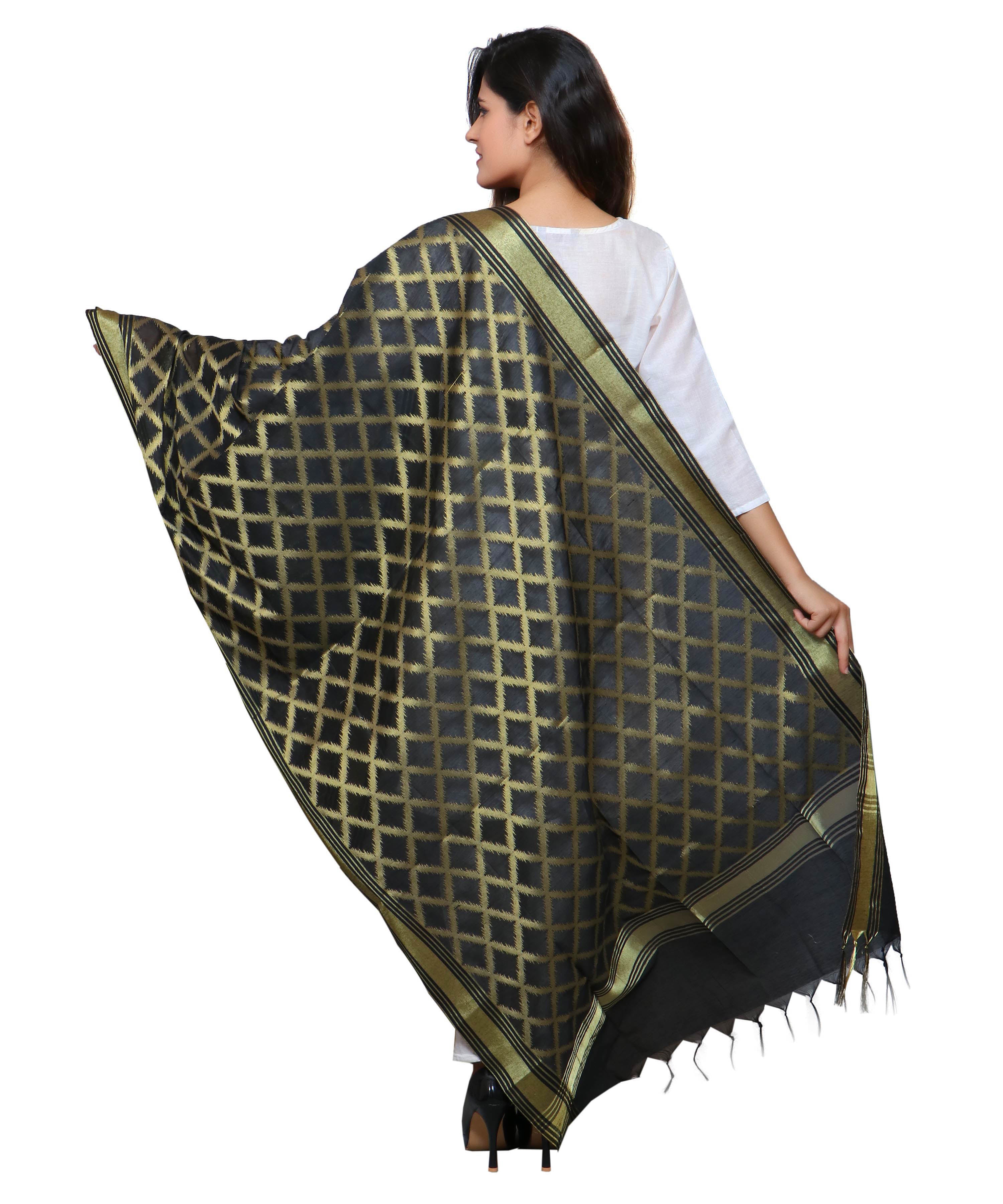 Banarasi Kora Silk Cross Butti Dupatta- Black