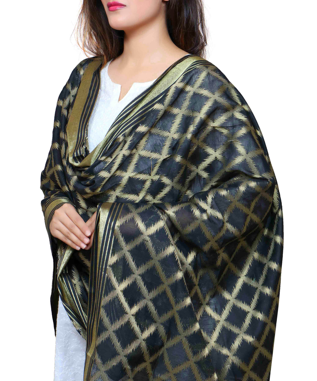 Banarasi Kora Silk Cross Butti Dupatta- Black