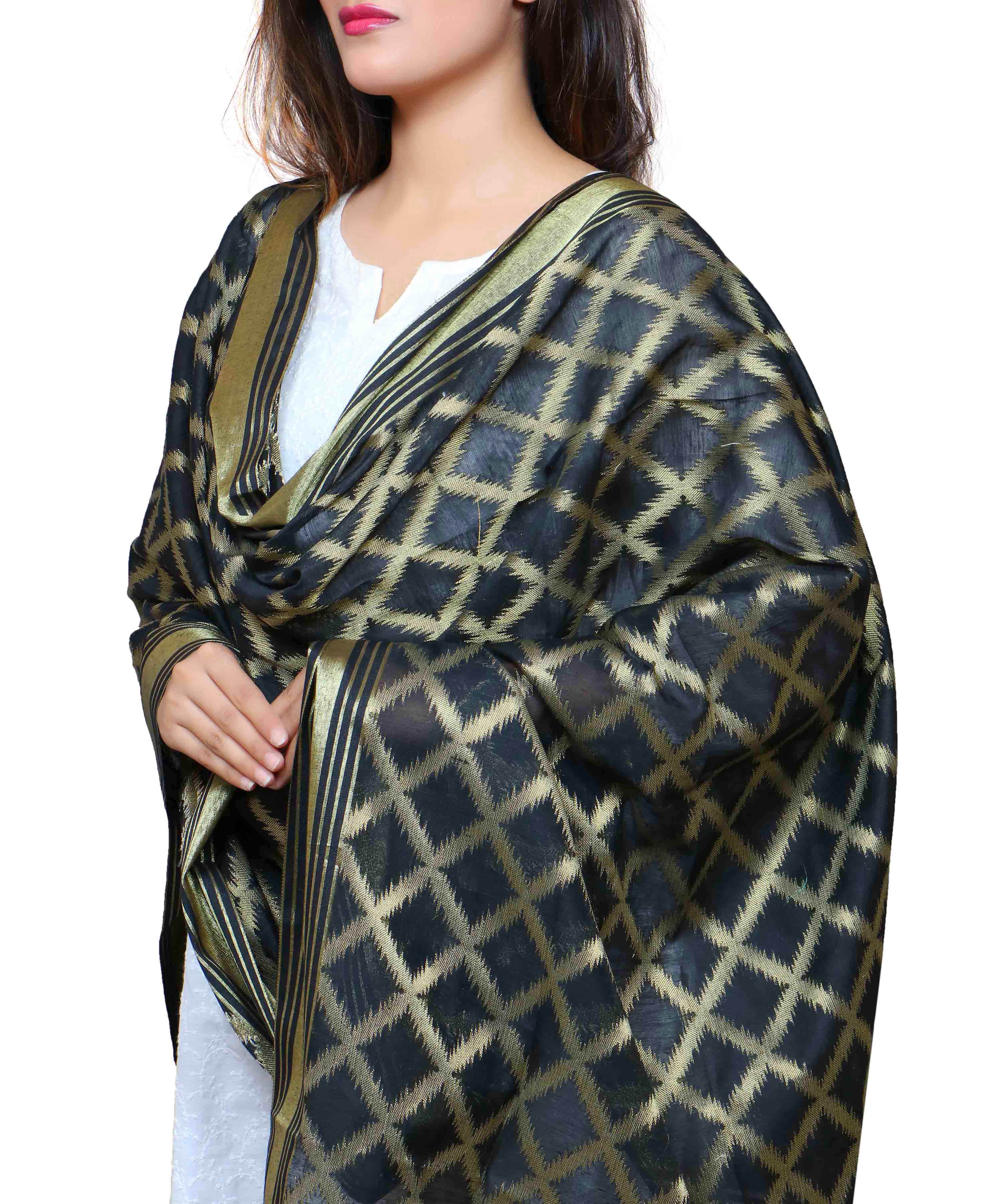 Banarasi Kora Silk Cross Butti Dupatta- Black