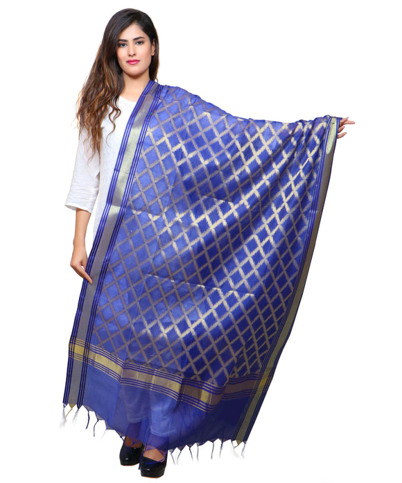 Banarasi Kora Silk Cross Butti Dupatta- Blue