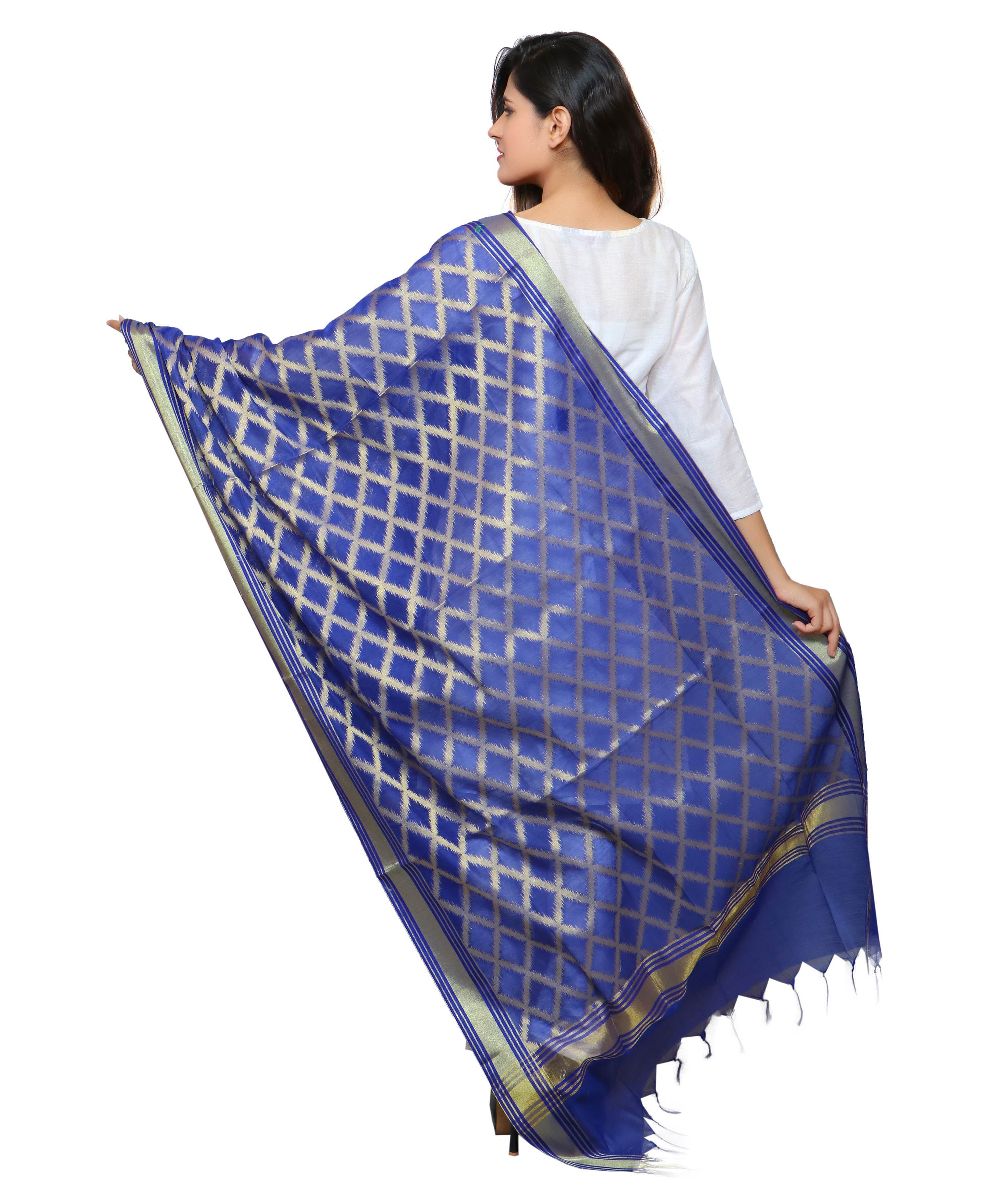 Banarasi Kora Silk Cross Butti Dupatta- Blue
