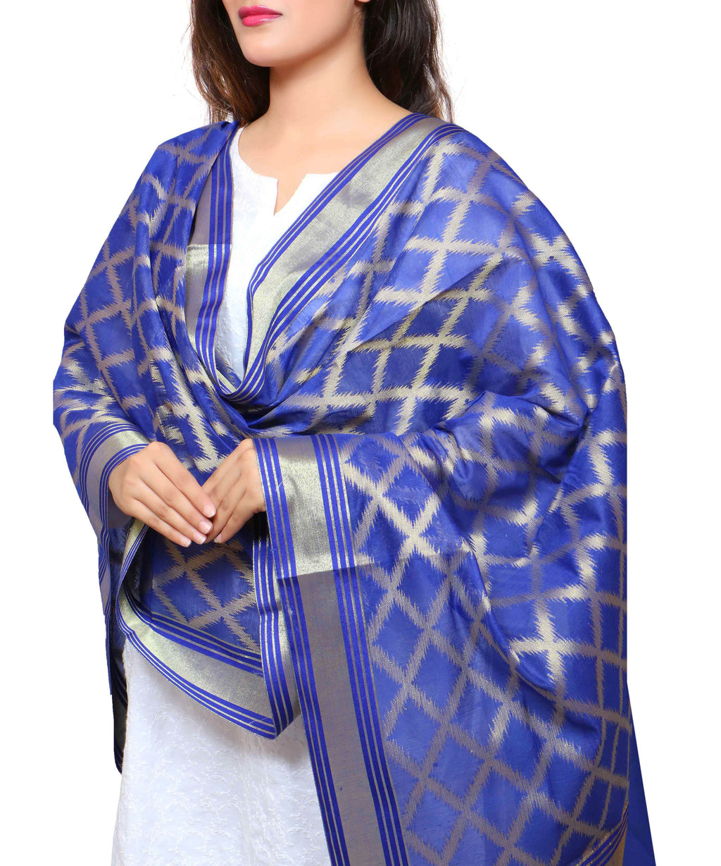 Banarasi Kora Silk Cross Butti Dupatta- Blue