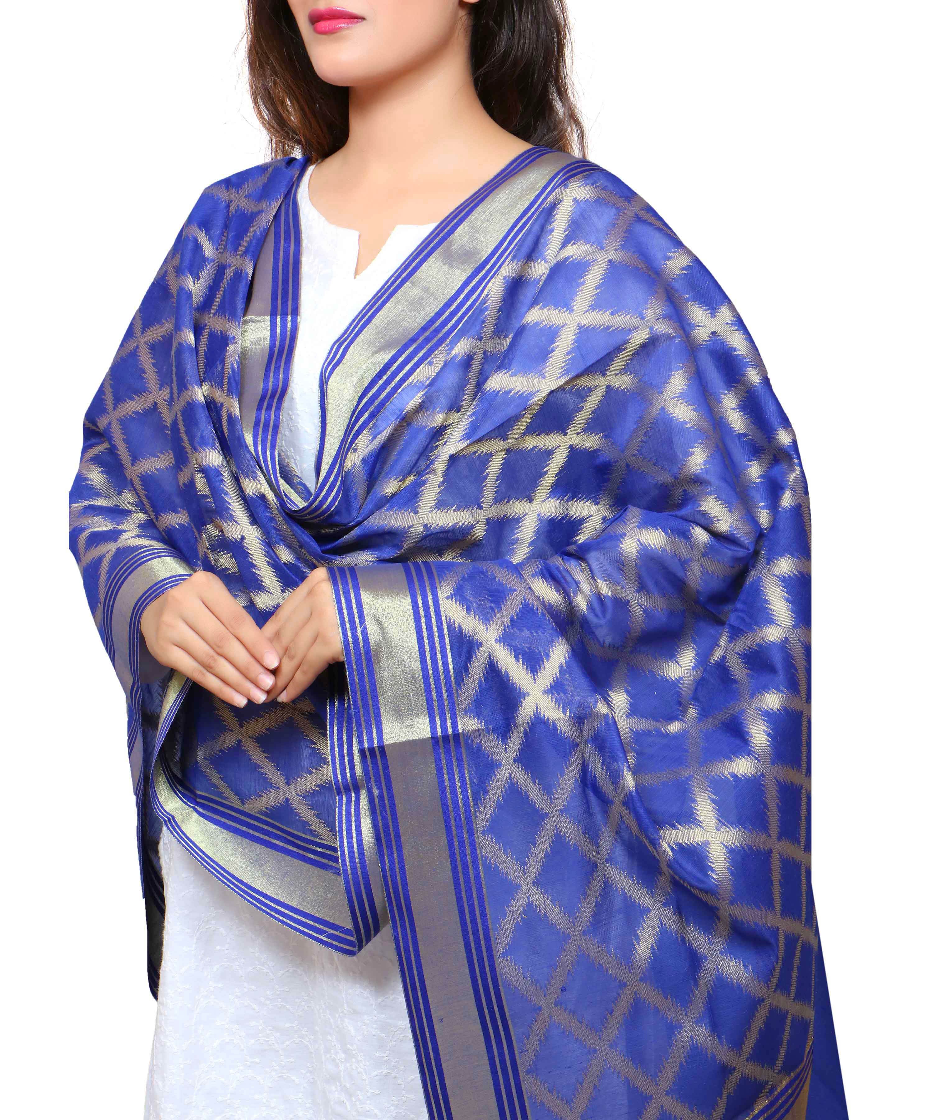 Banarasi Kora Silk Cross Butti Dupatta- Blue