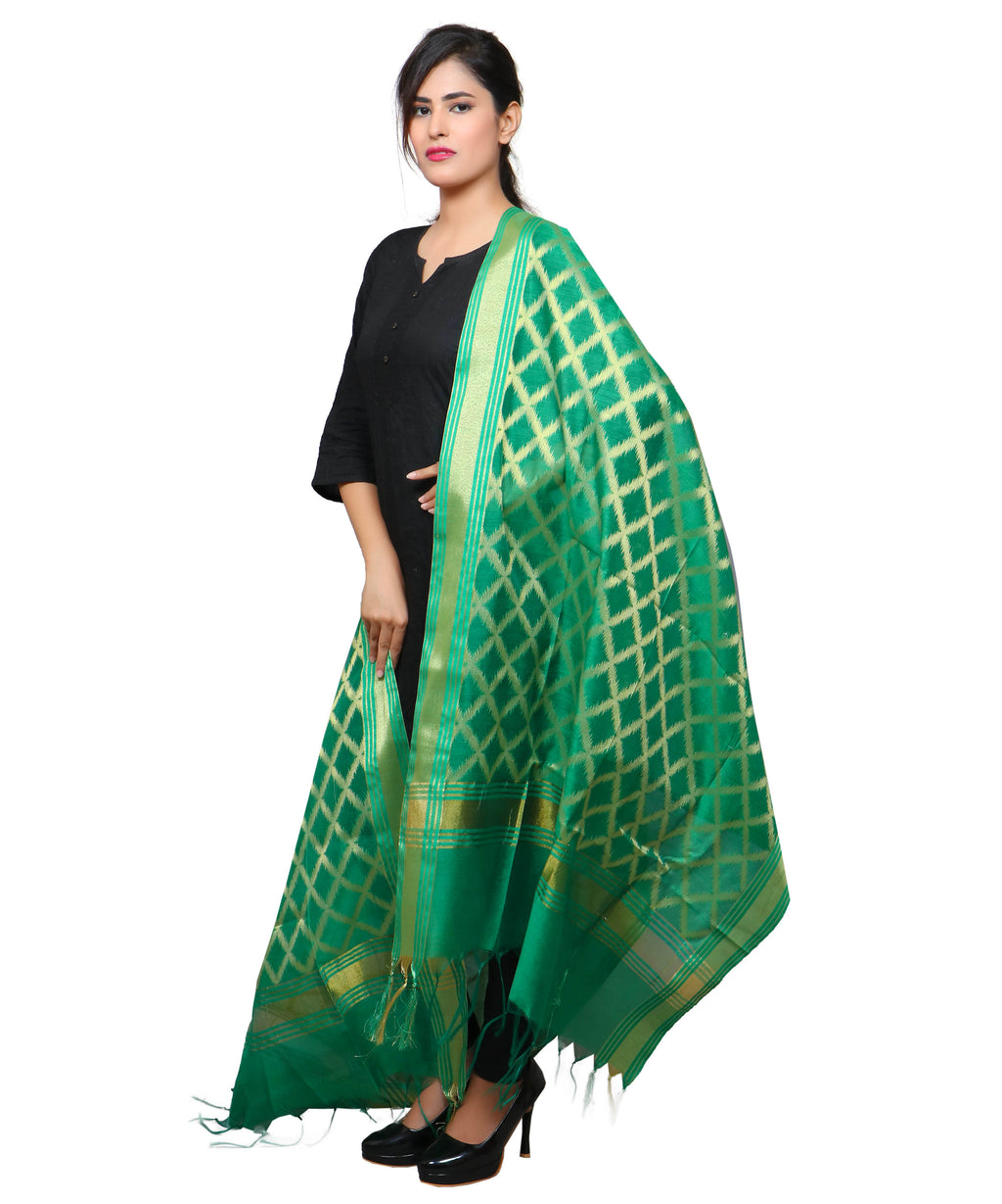 Banarasi Kora Silk Cross Butti Dupatta- Green