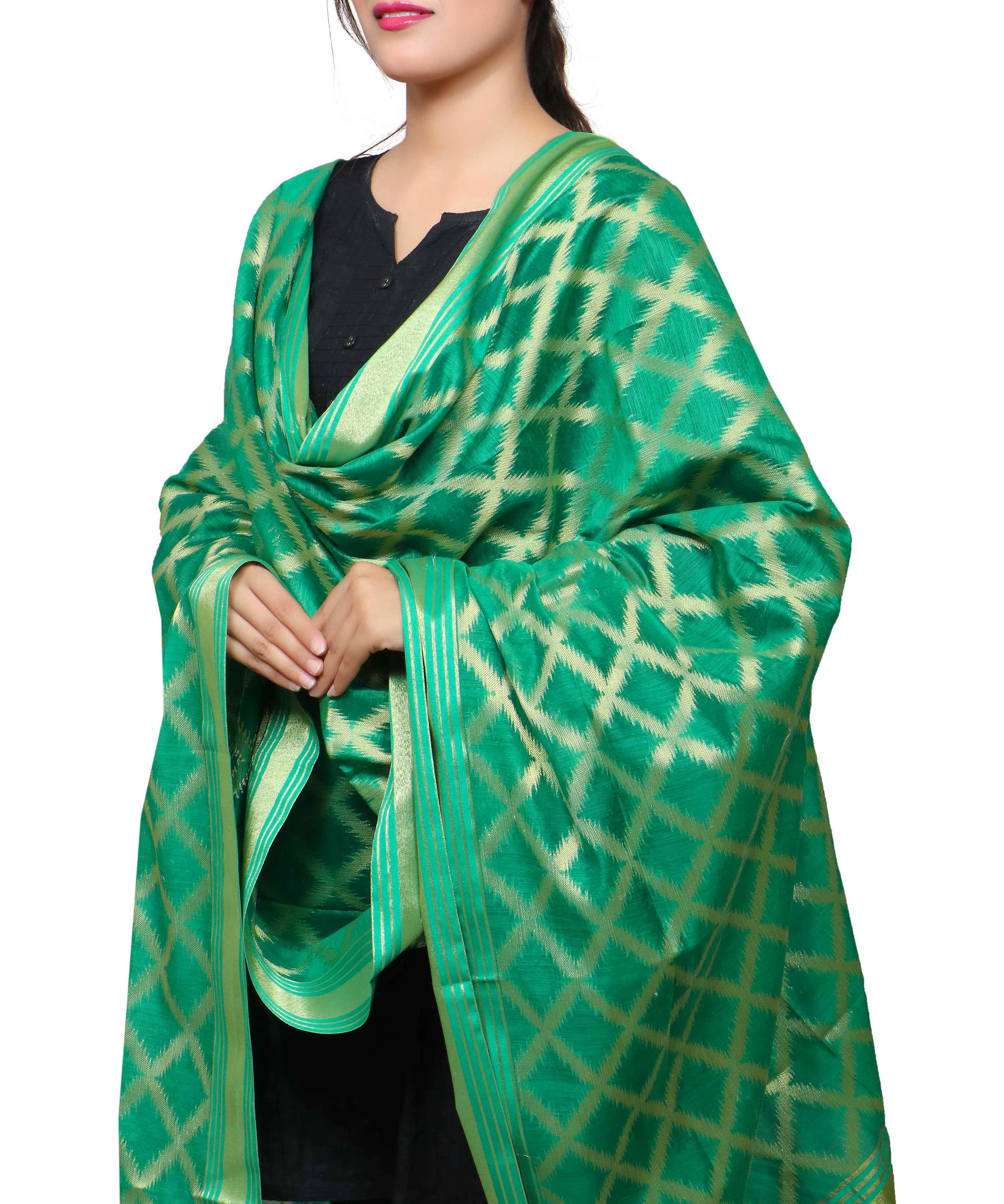 Banarasi Kora Silk Cross Butti Dupatta- Green