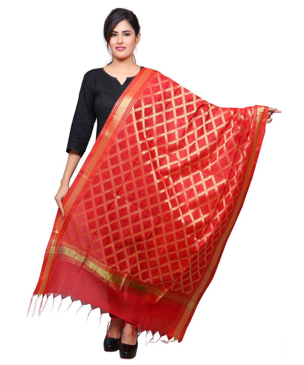 Banarasi Kora Silk Cross Butti Dupatta- Red