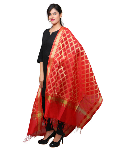 Banarasi Kora Silk Cross Butti Dupatta- Red