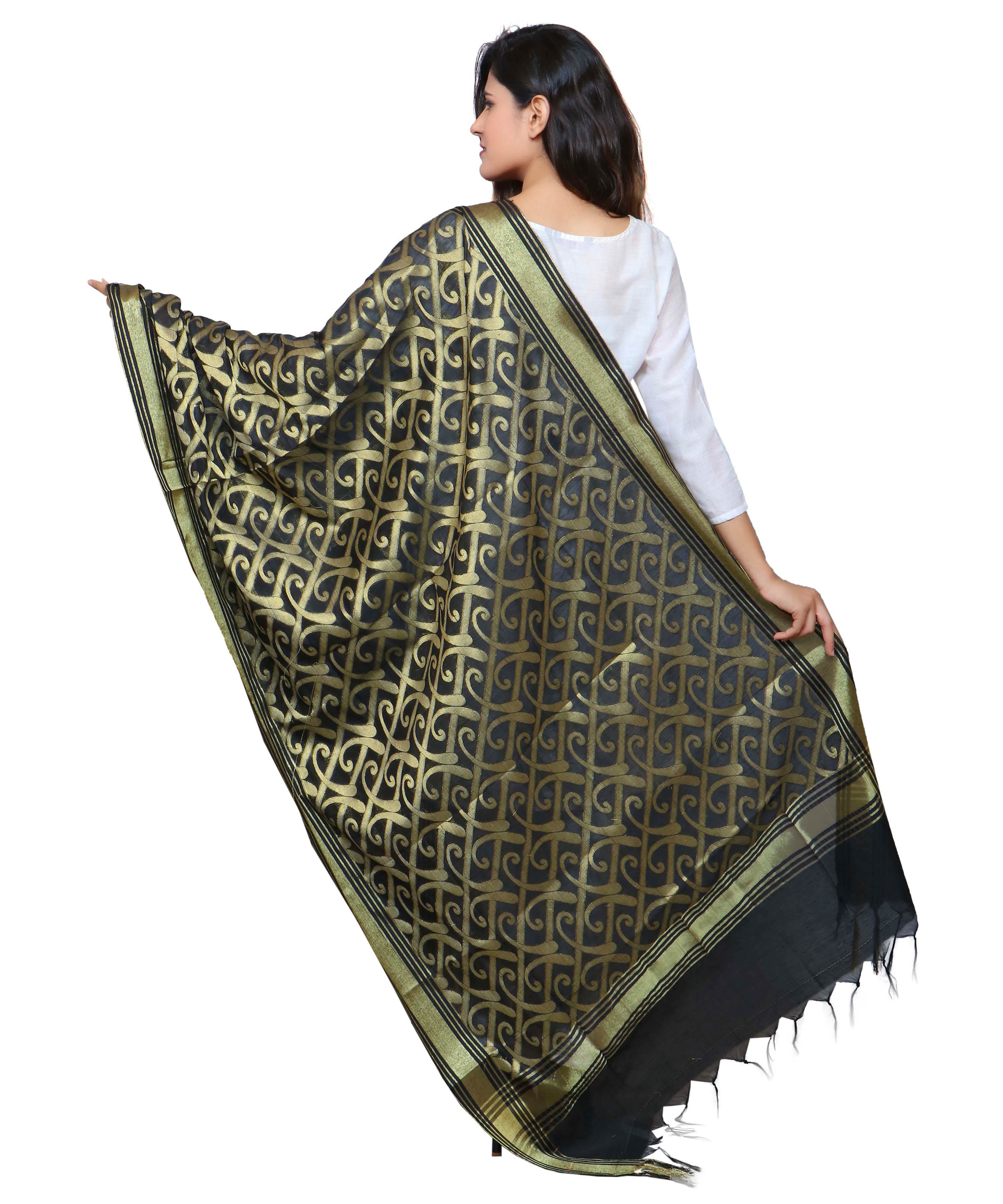 Banarasi Kora Silk Curly Butti Dupatta- Black