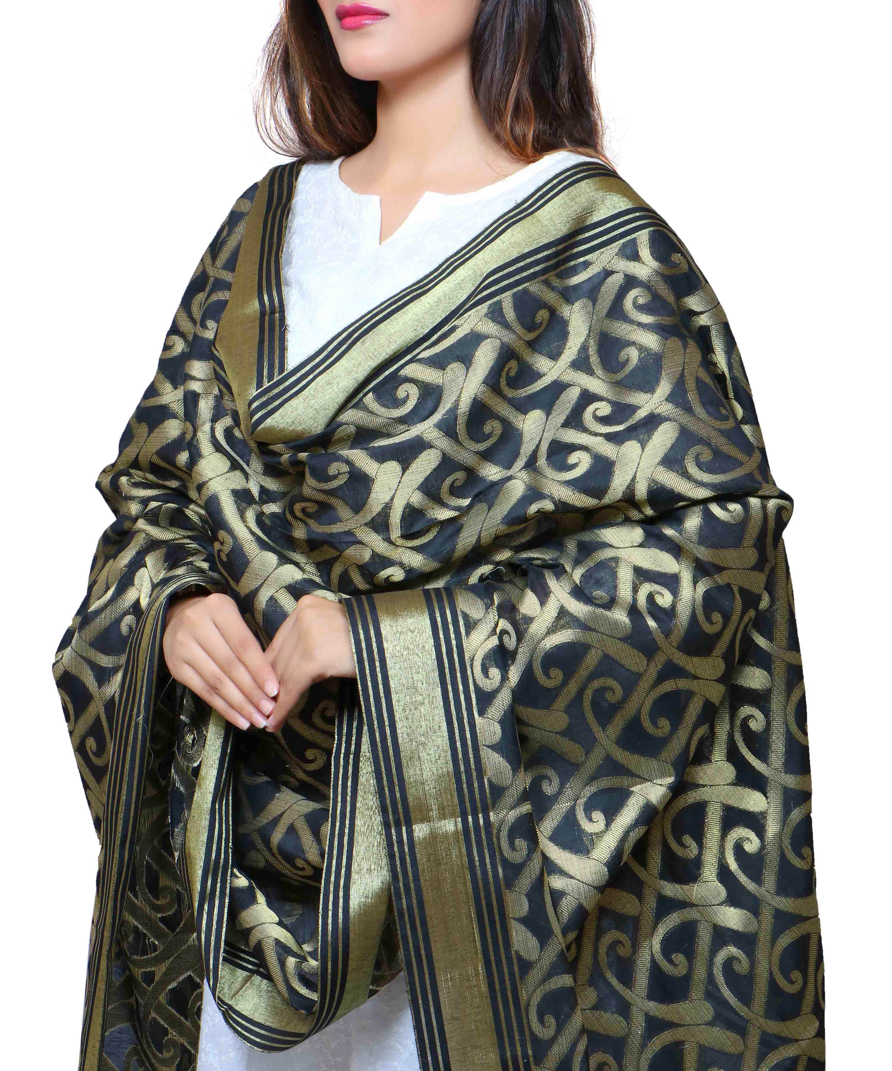 Banarasi Kora Silk Curly Butti Dupatta- Black