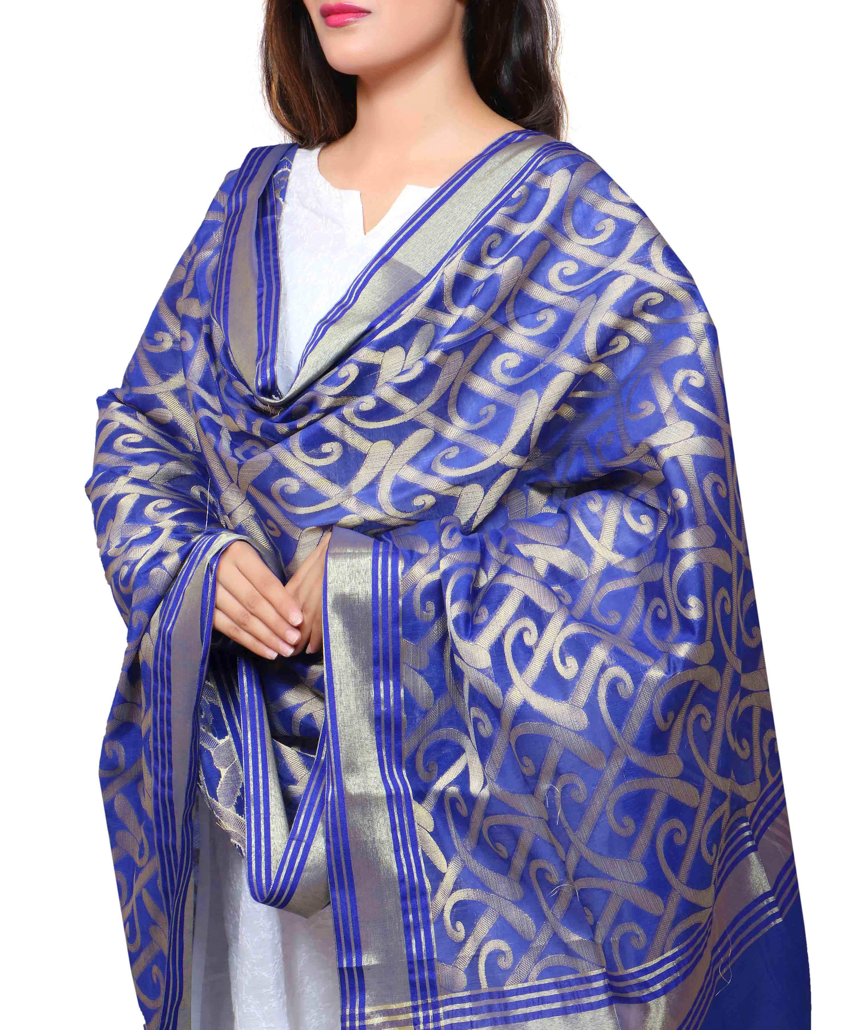 Banarasi Kora Silk Curly Butti Dupatta- Blue