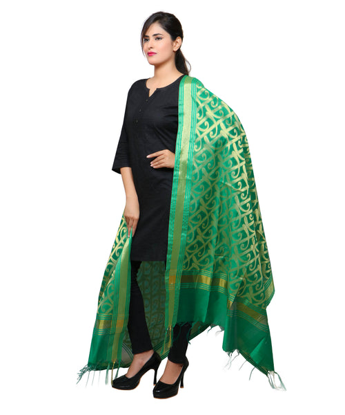 Banarasi Kora Silk Curly Butti Dupatta- Green