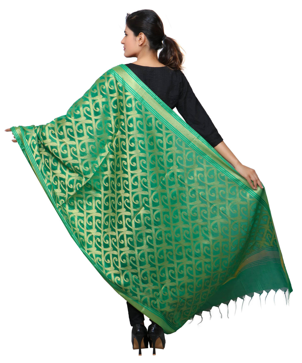 Banarasi Kora Silk Curly Butti Dupatta- Green