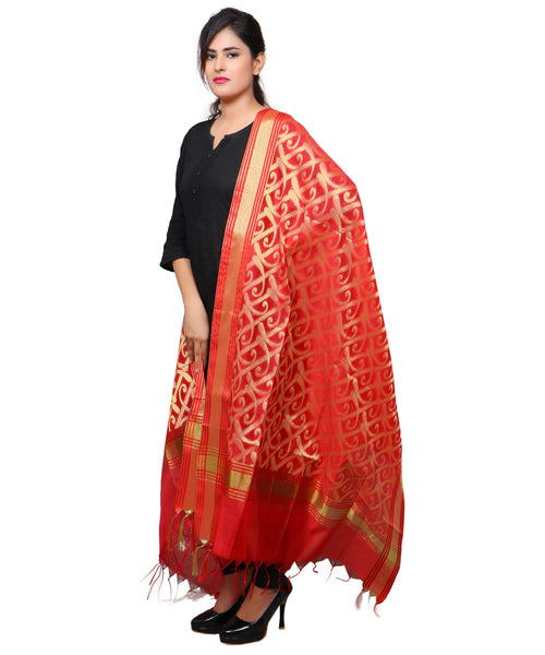 Banarasi Kora Silk Curly Butti Dupatta- Red