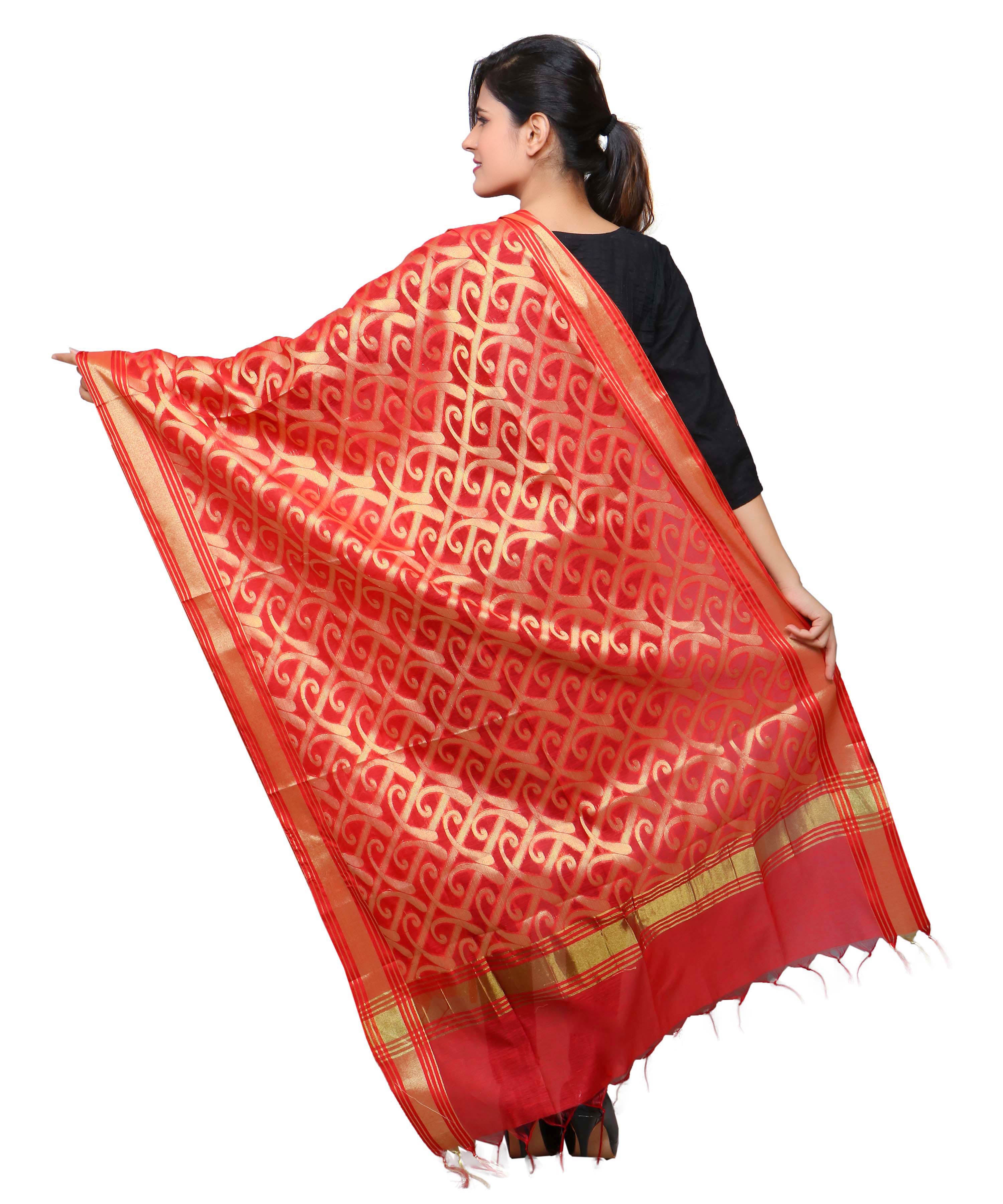 Banarasi Kora Silk Curly Butti Dupatta- Red