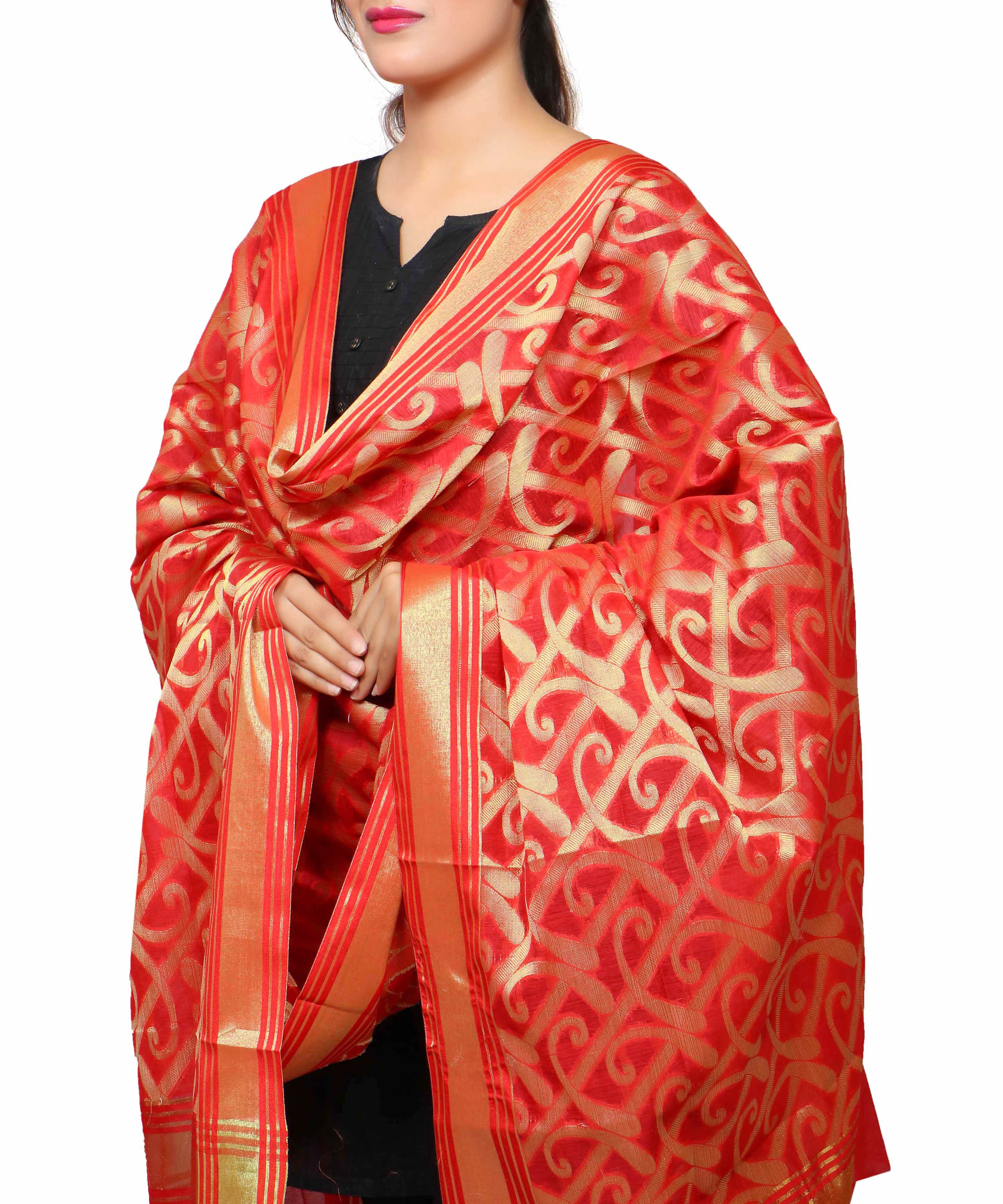 Banarasi Kora Silk Curly Butti Dupatta- Red