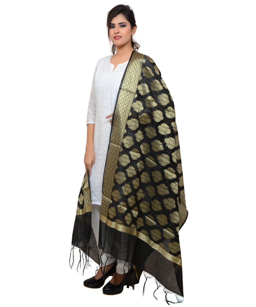 Banarasi Kora Silk Zari Dupatta - Black