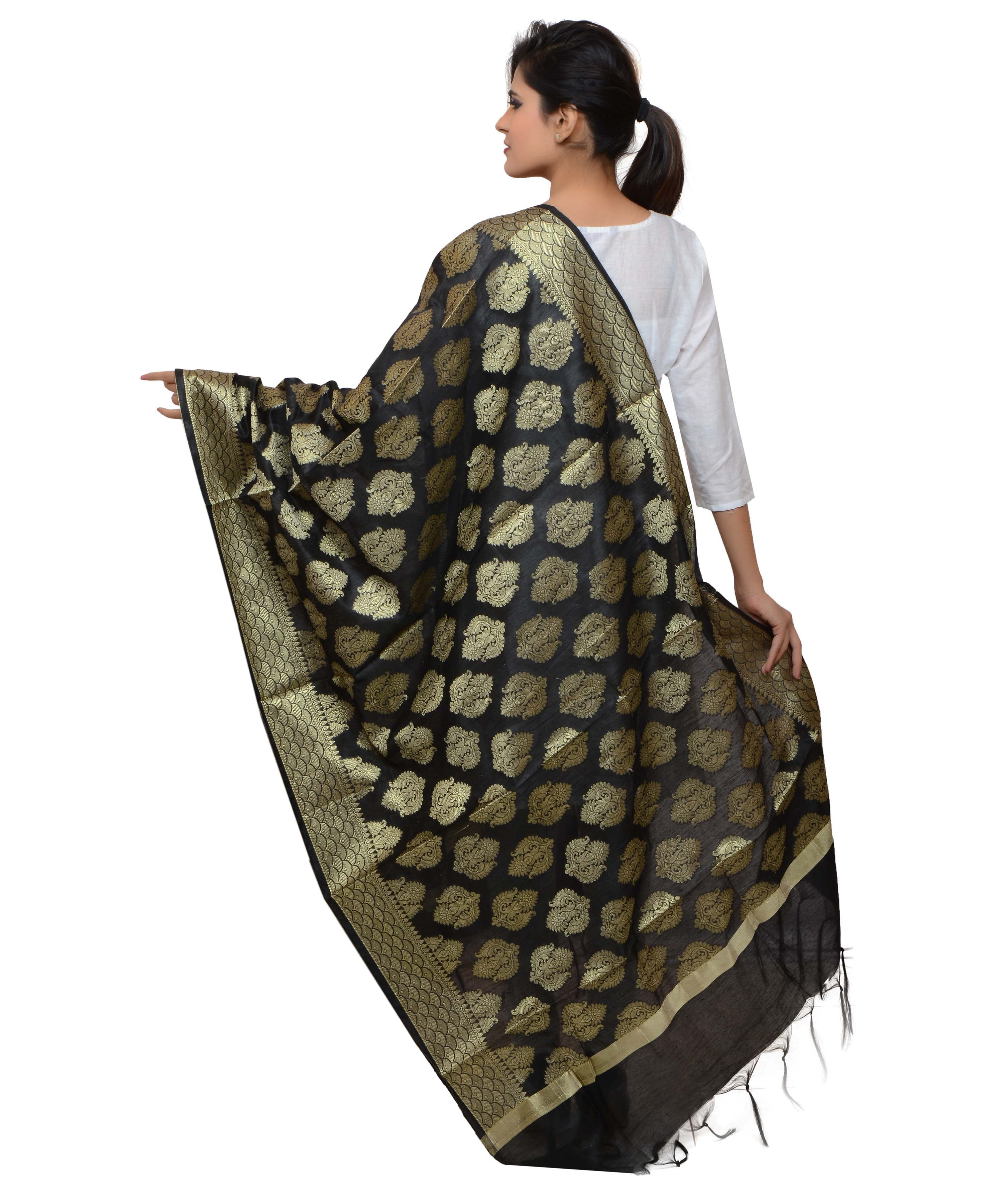 Banarasi Kora Silk Zari Dupatta - Black