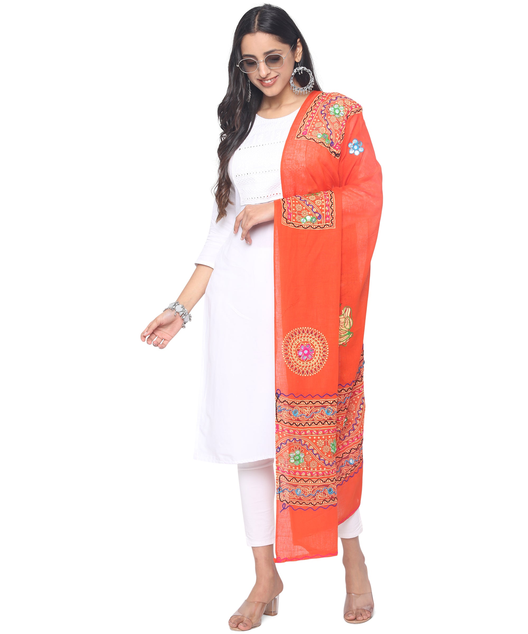 Banjara India Women Pure Cotton Aari Embroidered  & Foil Mirror Dupatta -LEH11