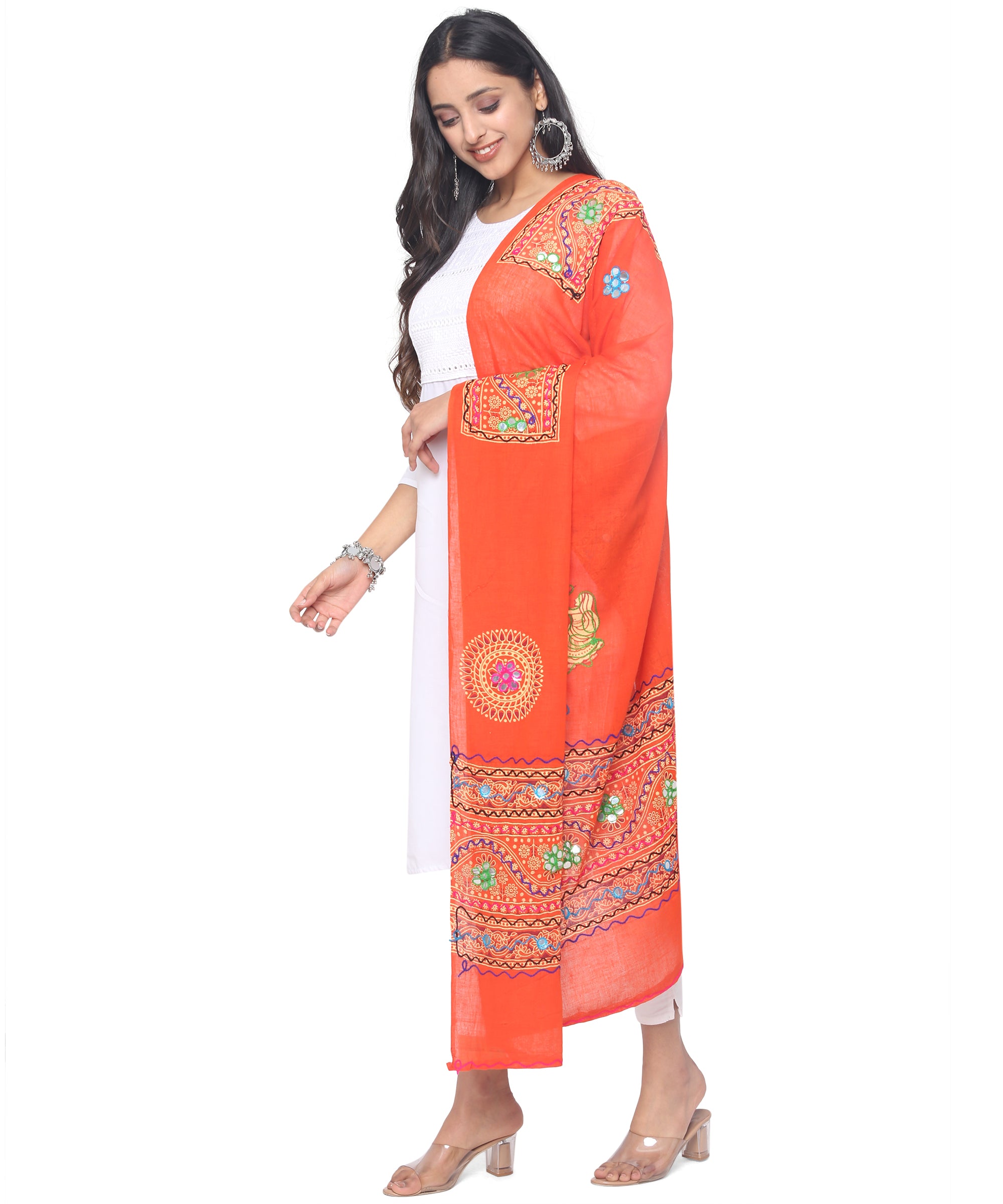 Banjara India Women Pure Cotton Aari Embroidered  & Foil Mirror Dupatta -LEH11
