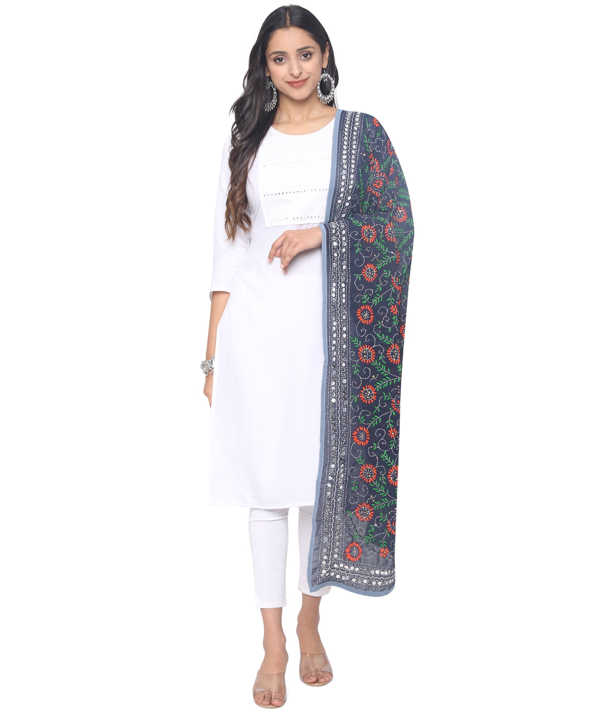 Banjara India Women Georgette Hand Embroidered Phulkari Work Dupatta - NavyBlue