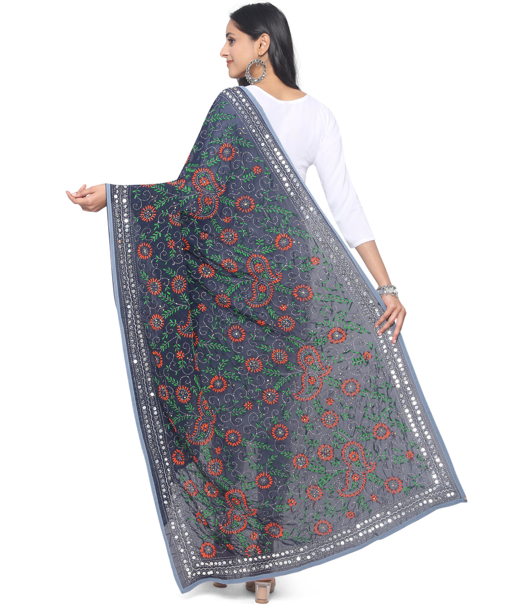 Banjara India Women Georgette Hand Embroidered Phulkari Work Dupatta - NavyBlue